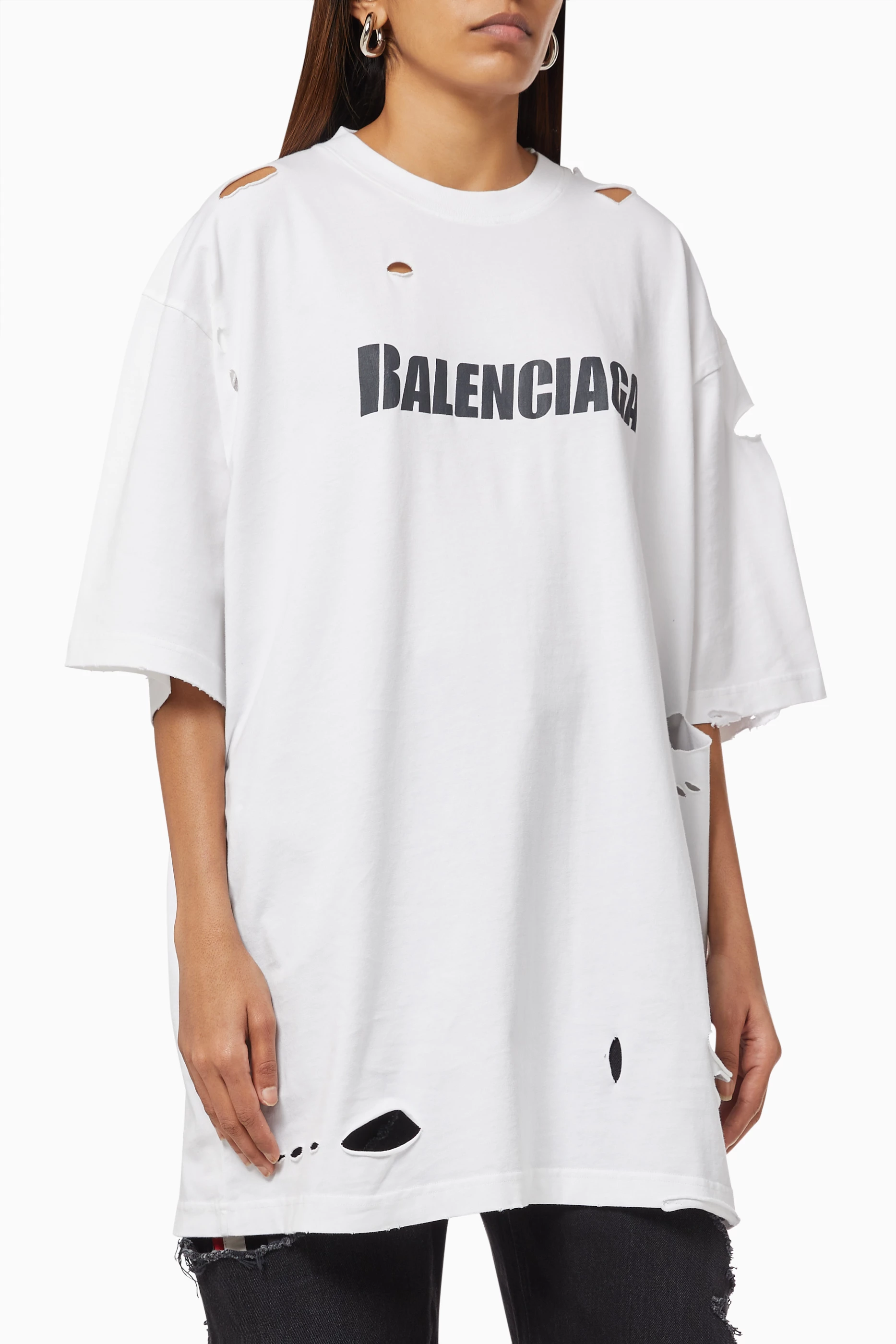 Buy Balenciaga White Caps Destroyed Flatground Large Fit T shirt in Vintage Jersey For UNISEX Online Ounass Oman