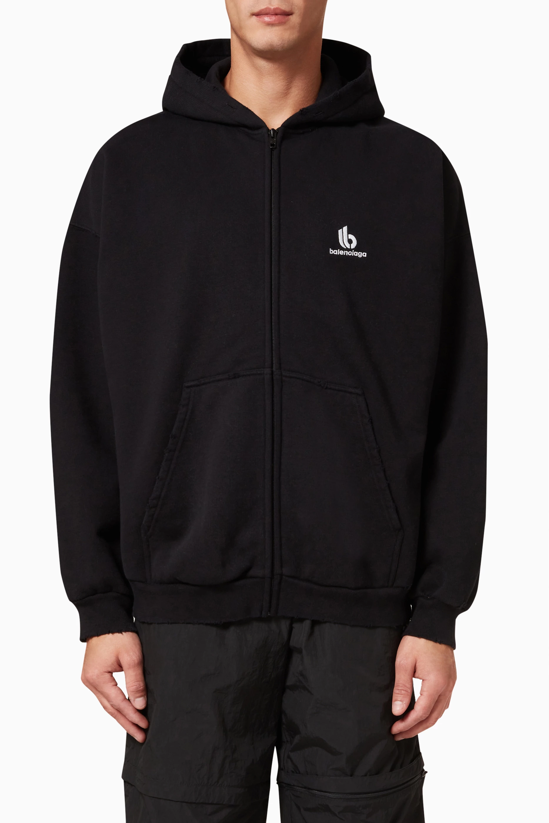 Buy Balenciaga Black Double B Zip Hoodie in Cotton Fleece For Men