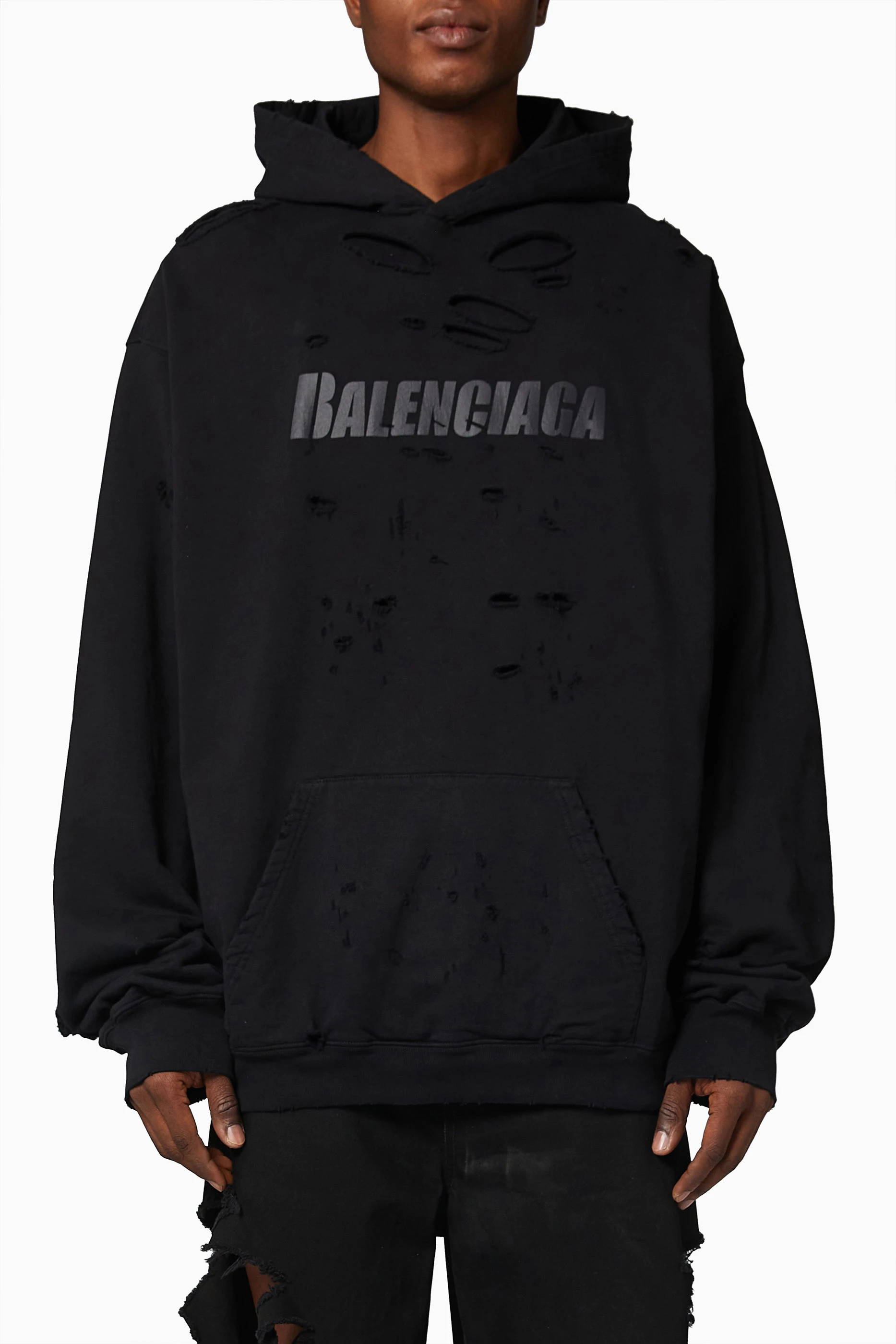 Buy Balenciaga Black Caps Destroyed Oversized Hoodie in Organic 