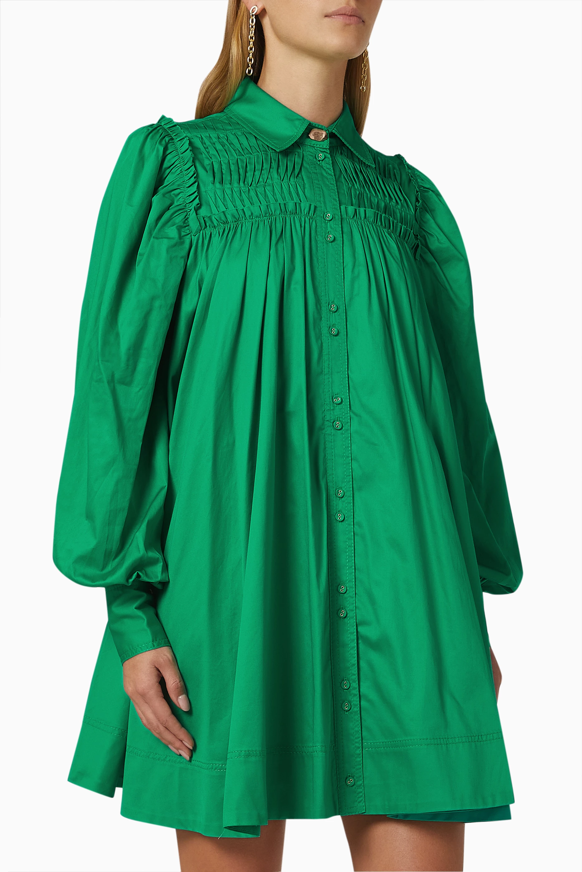 Buy Aje Green Tidal Tucked Smock Mini Dress in Cotton For Women Online