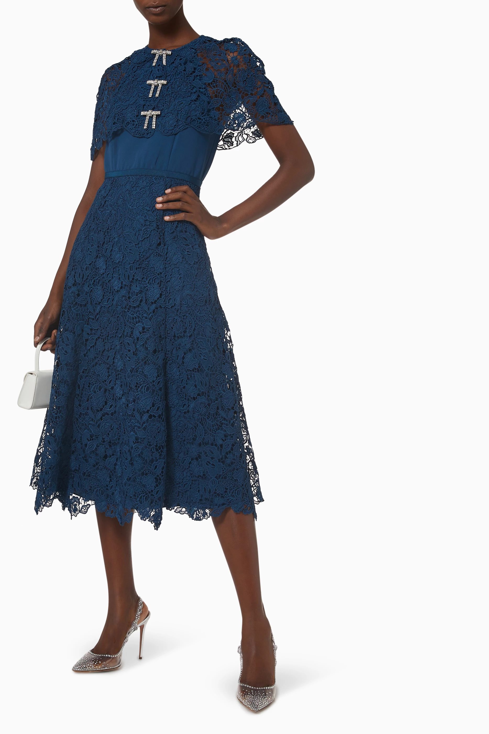 Buy Self-Portrait Blue Diamante Bow Midi Dress in Magnolia Lace For Women  Online | Ounass Oman