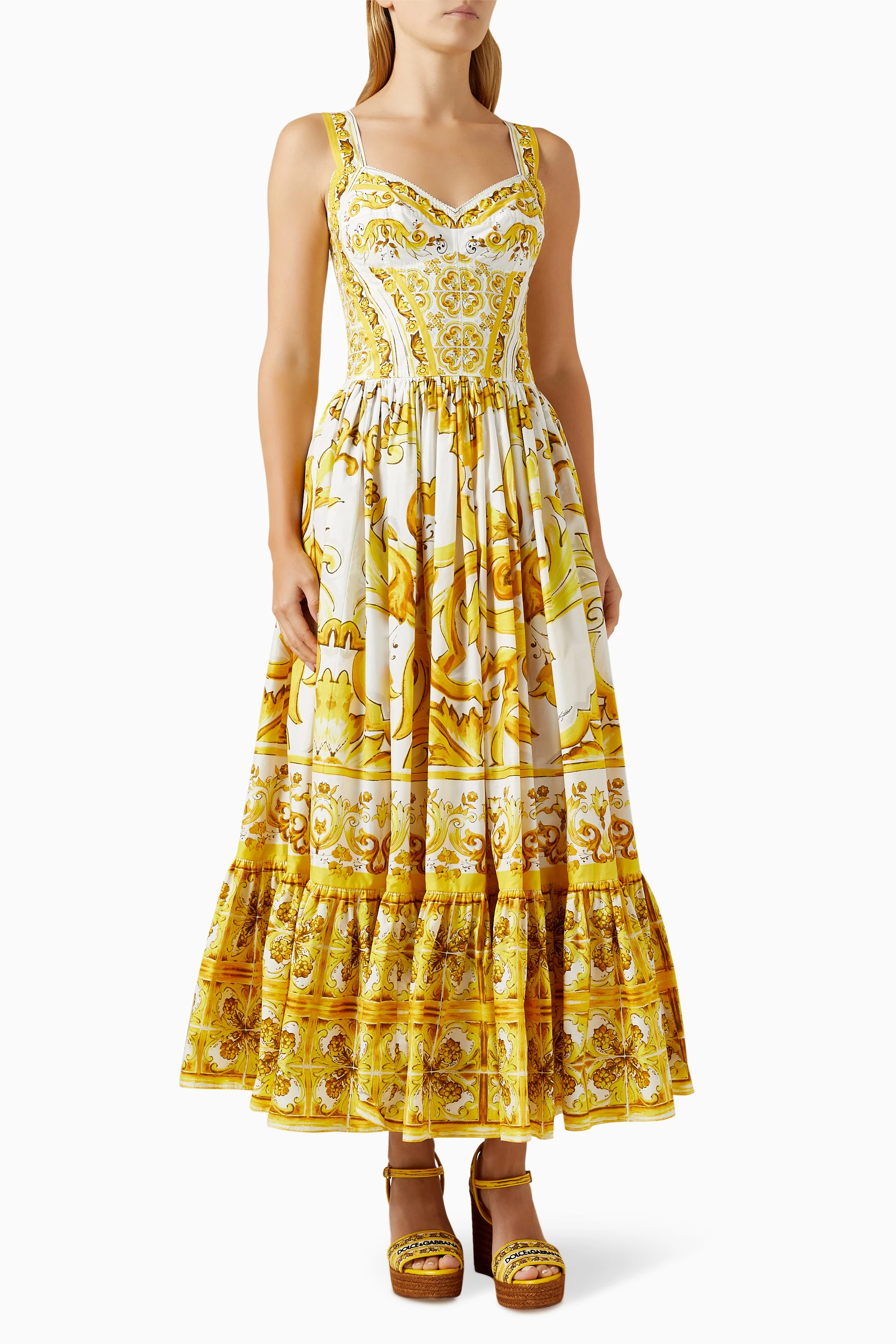 Buy Dolce & Gabbana Yellow Majolica-print Bustier Maxi Dress in