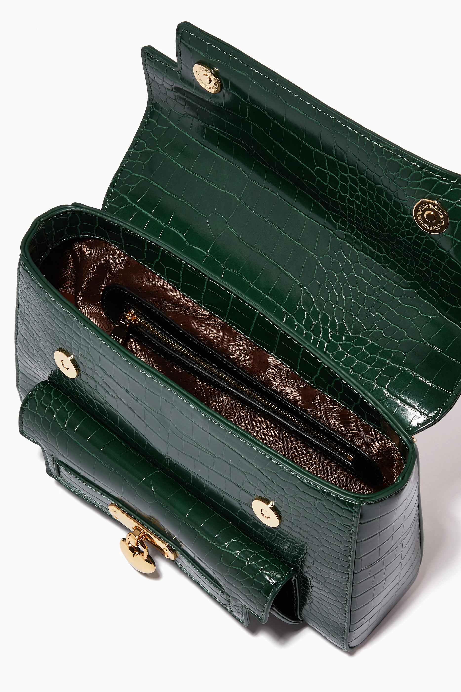 Buy Love Moschino Green Small Love Lock Top Handle Bag in Croc embossed Faux Leather For Women Online Ounass Oman