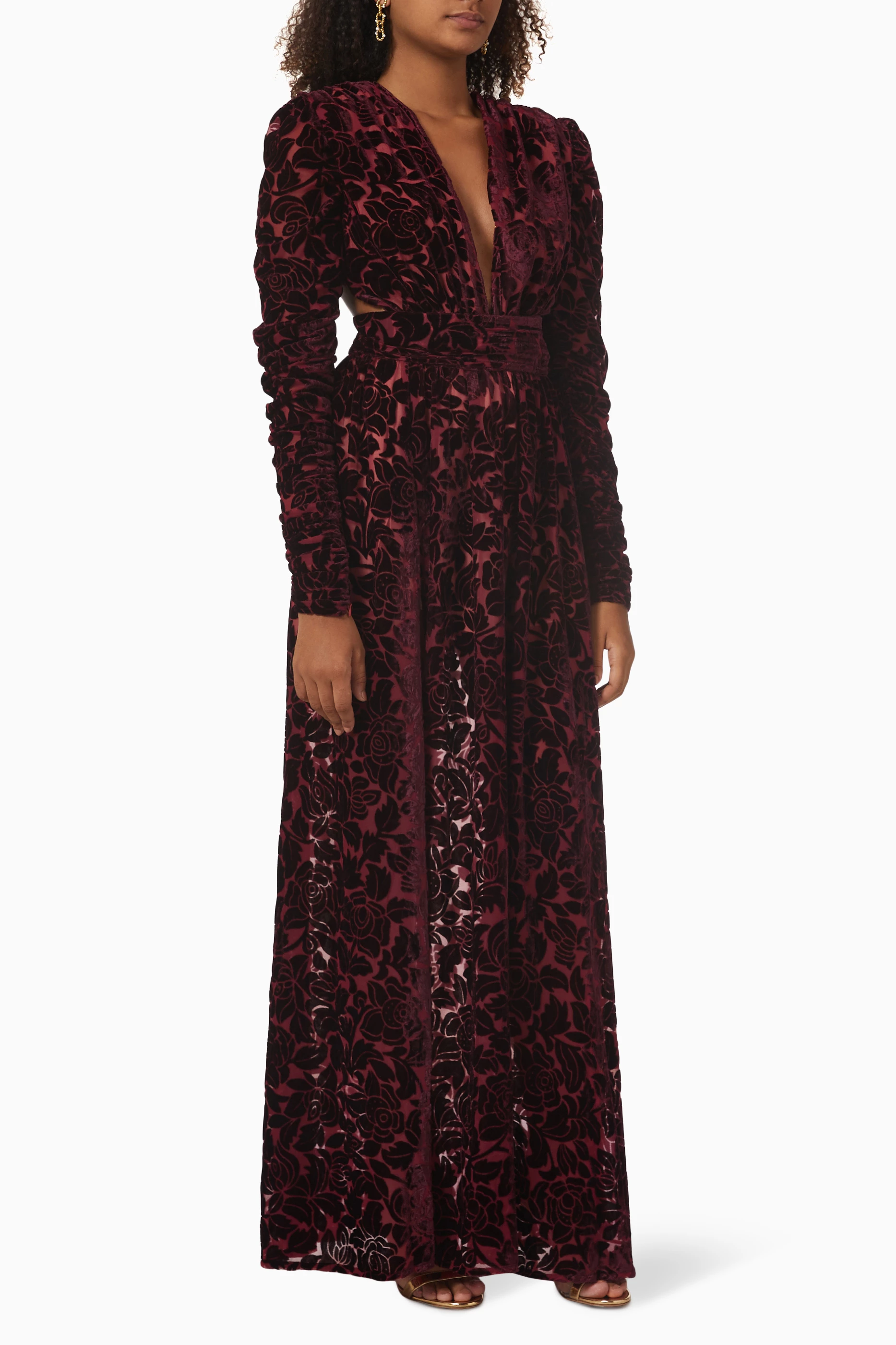burgundy floral devore long sleeve maxi dress Black Floral Devore Maxi Dress Burnout Velvet Ruffle Dress main image 0