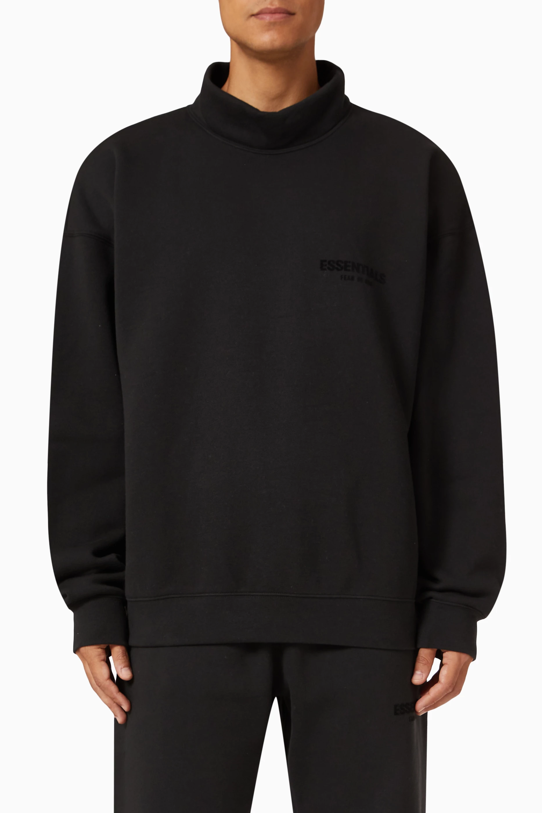 Buy Fear of God Essentials Black Mockneck Logo Sweatshirt in 