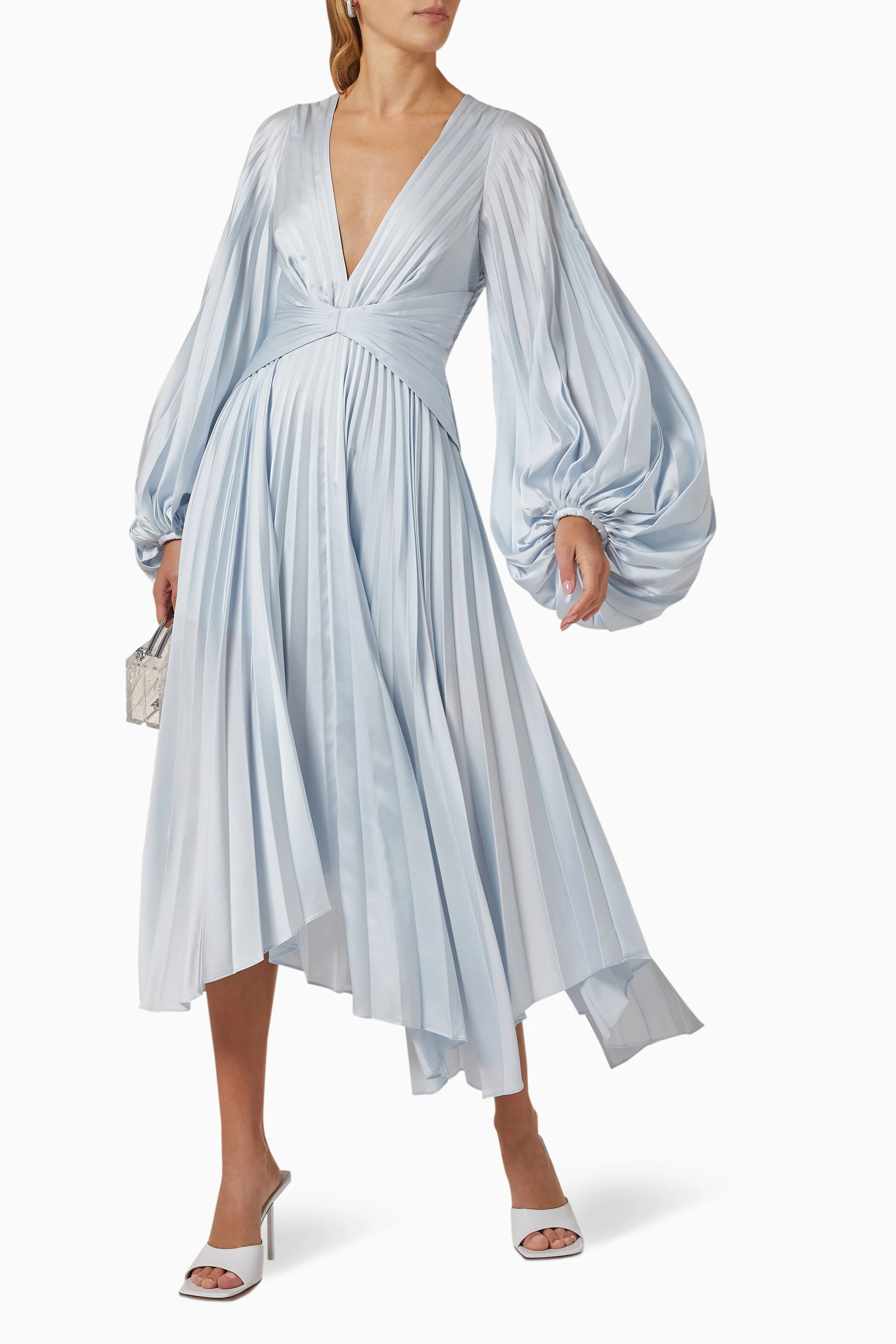acler palms pleated satin midi dress Acler Pleated Satin Dress 4 Palms Midi Dress Flowy Asymmetrical V Neck Blue