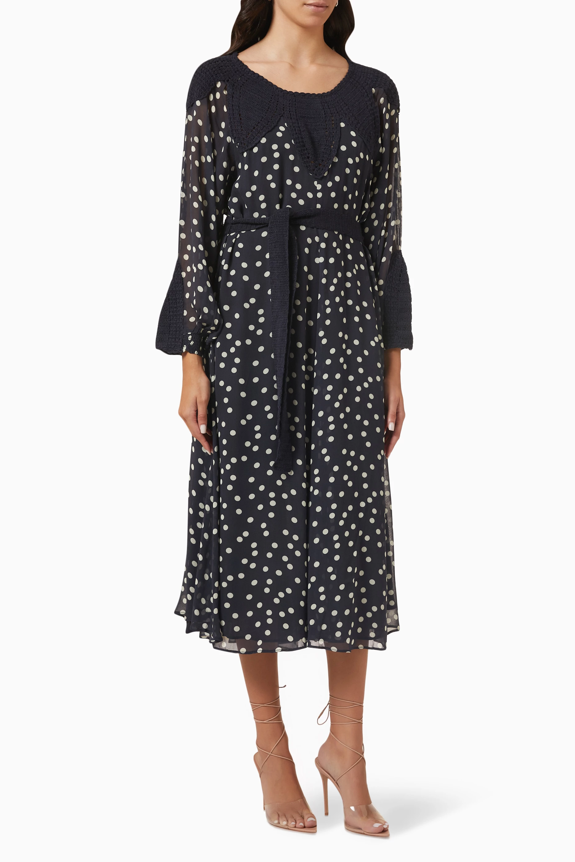 rixo crochet dress RIXO London Sardinia Crochet-paneled Floral-print Linen-blend Midi Dress in  Blue