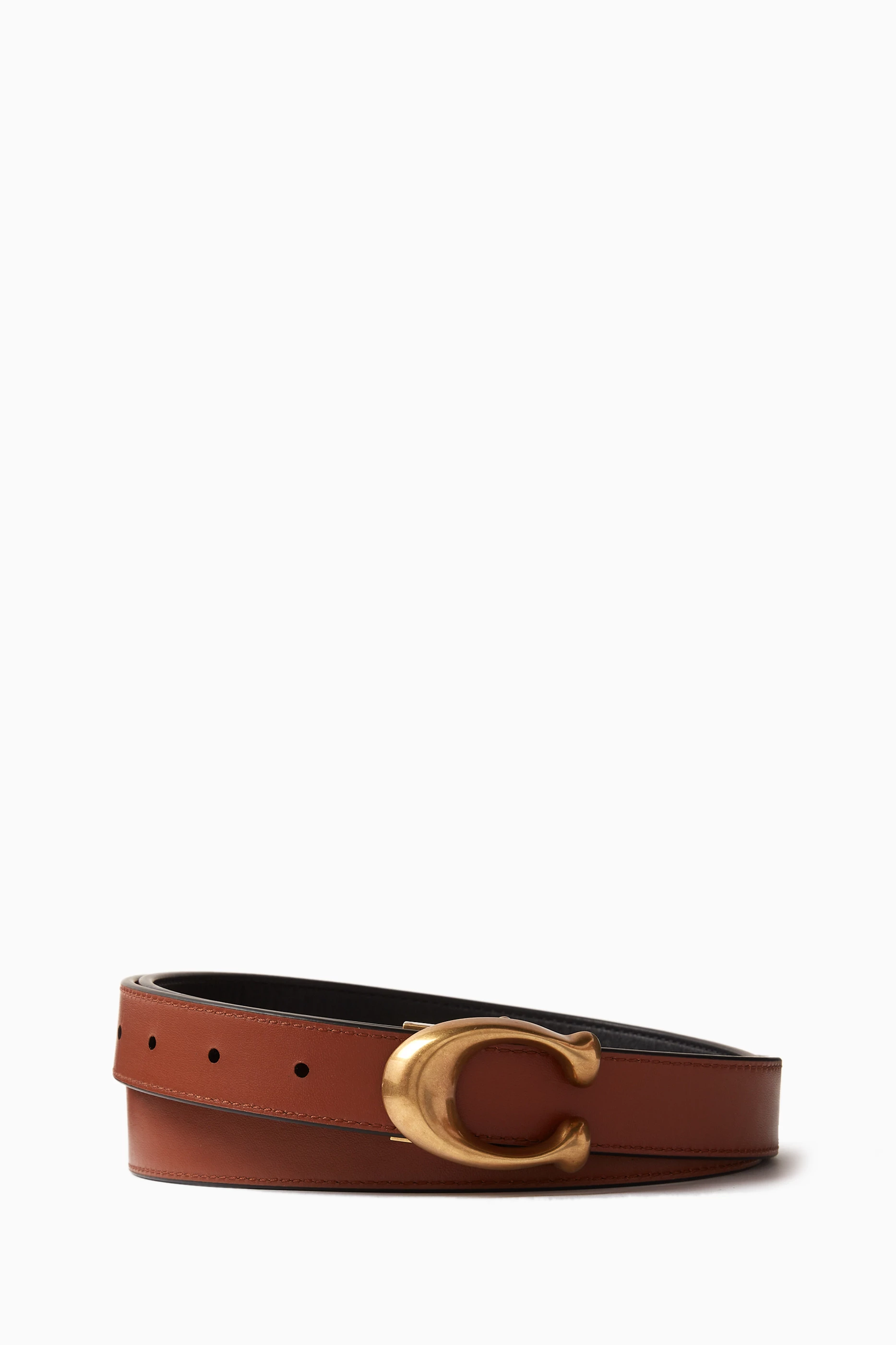 Coach Reversible Brown and Black Leather Belt with Gold \'C\' Buckle Coach - Brandclub - COACH 13mm Sculpted C Reversible Belt main image 2