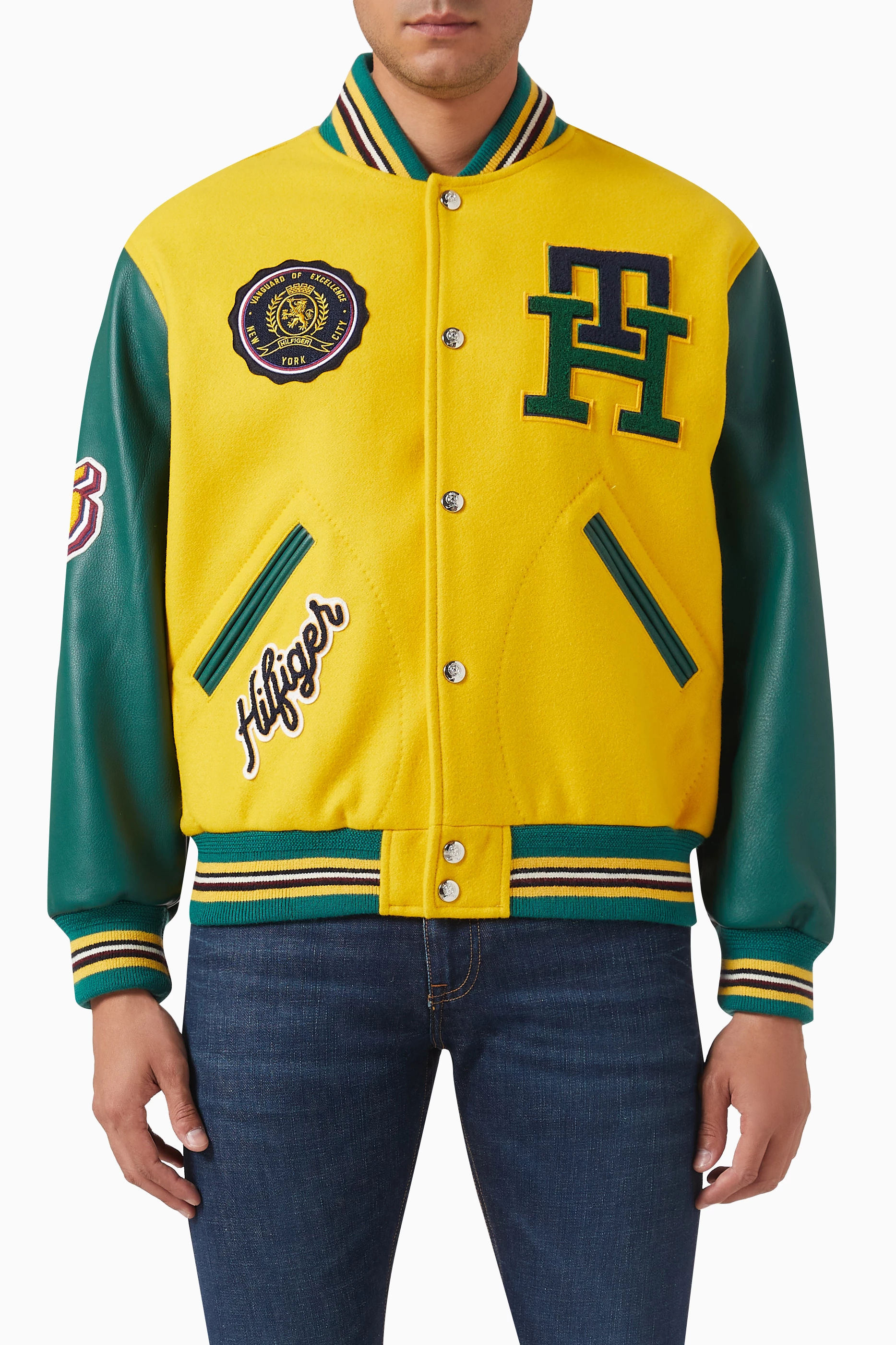 Buy Tommy Hilfiger Yellow Crest Varsity Jacket in Leather 