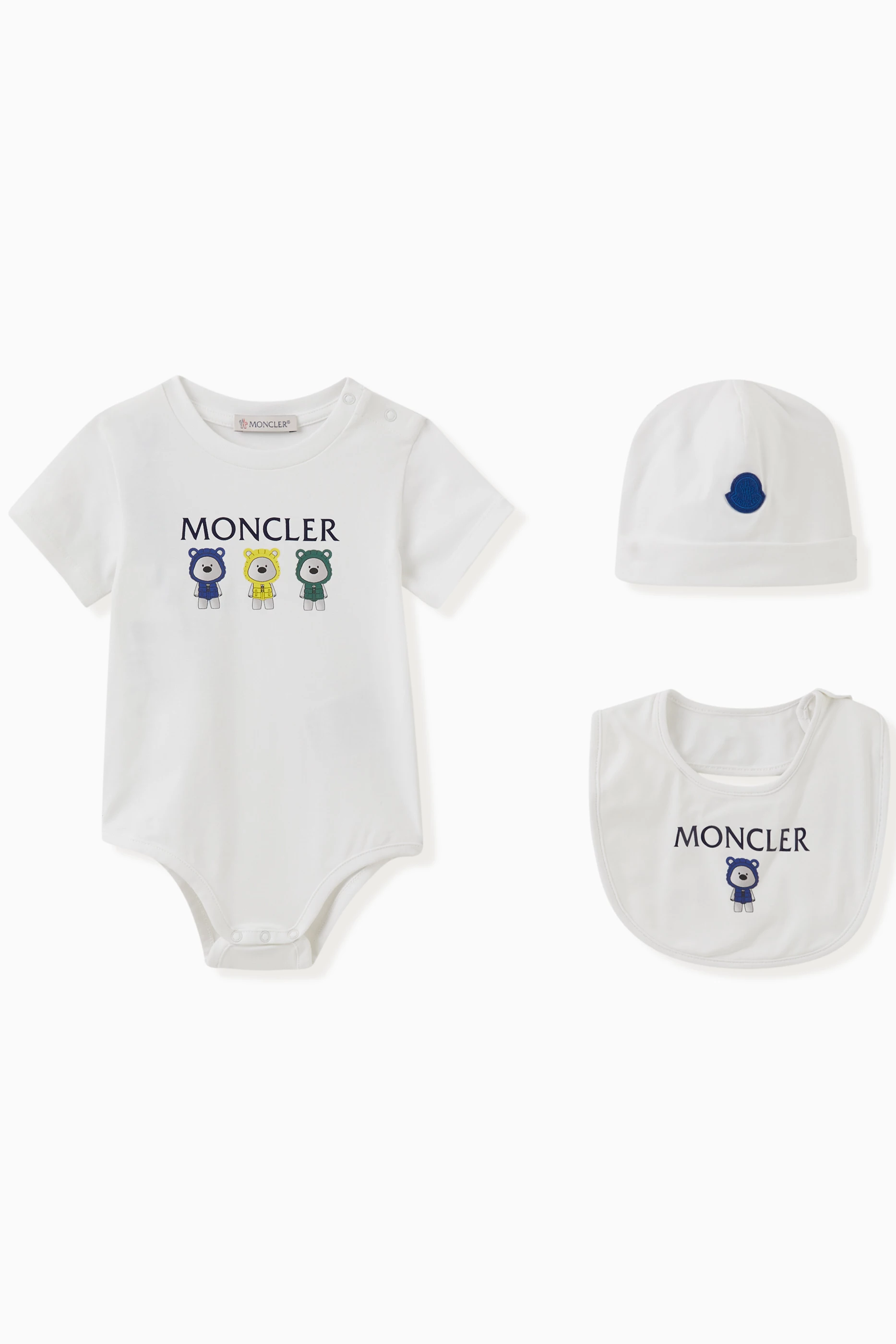 Buy Moncler Enfant White Logo Bodysuit Beanie Bib Set in Stretch Cotton Jersey For UNISEX Online Ounass Oman