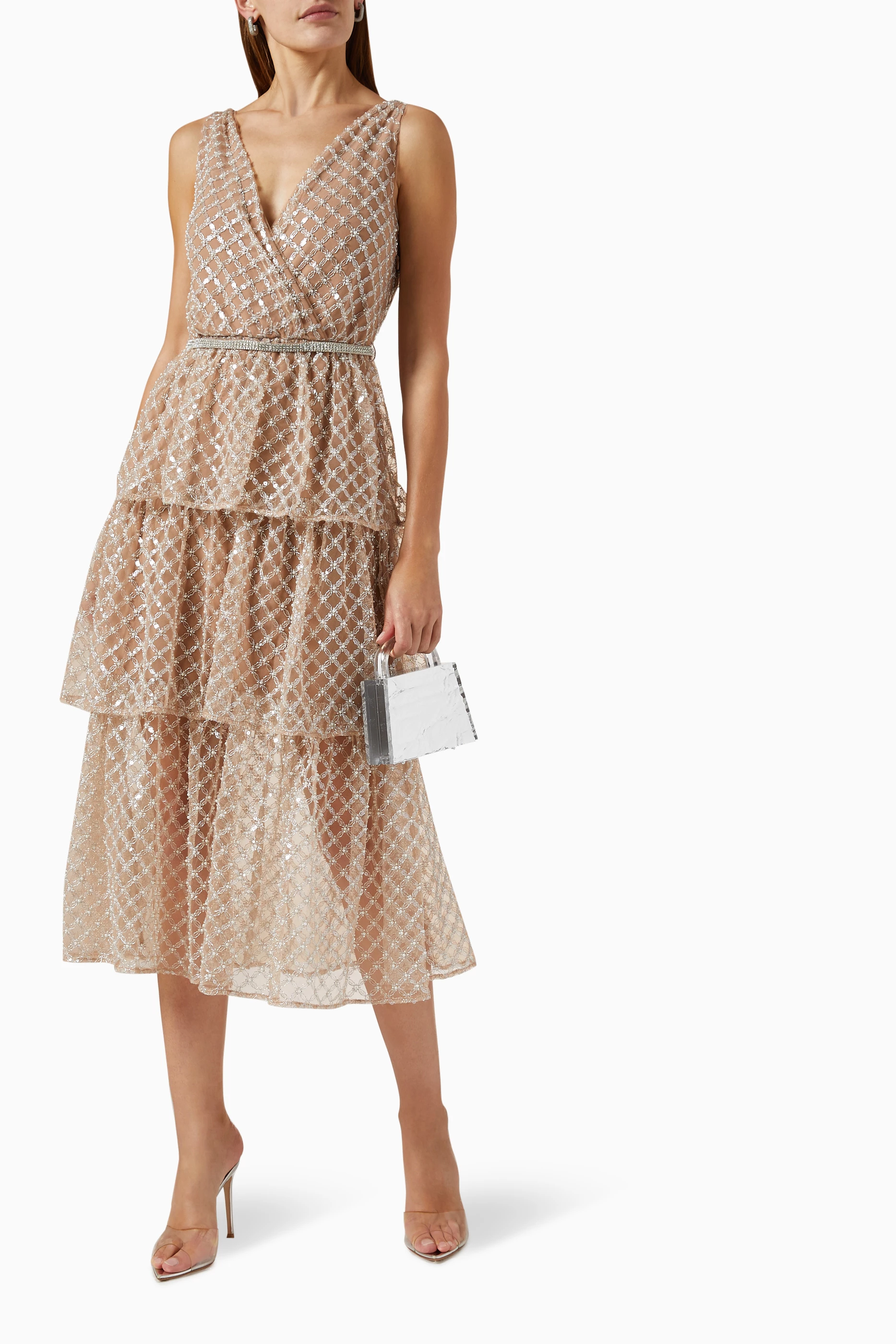 self portrait tiered sequin dress Self-Portrait Tiered Striped Sequin Midi Dress