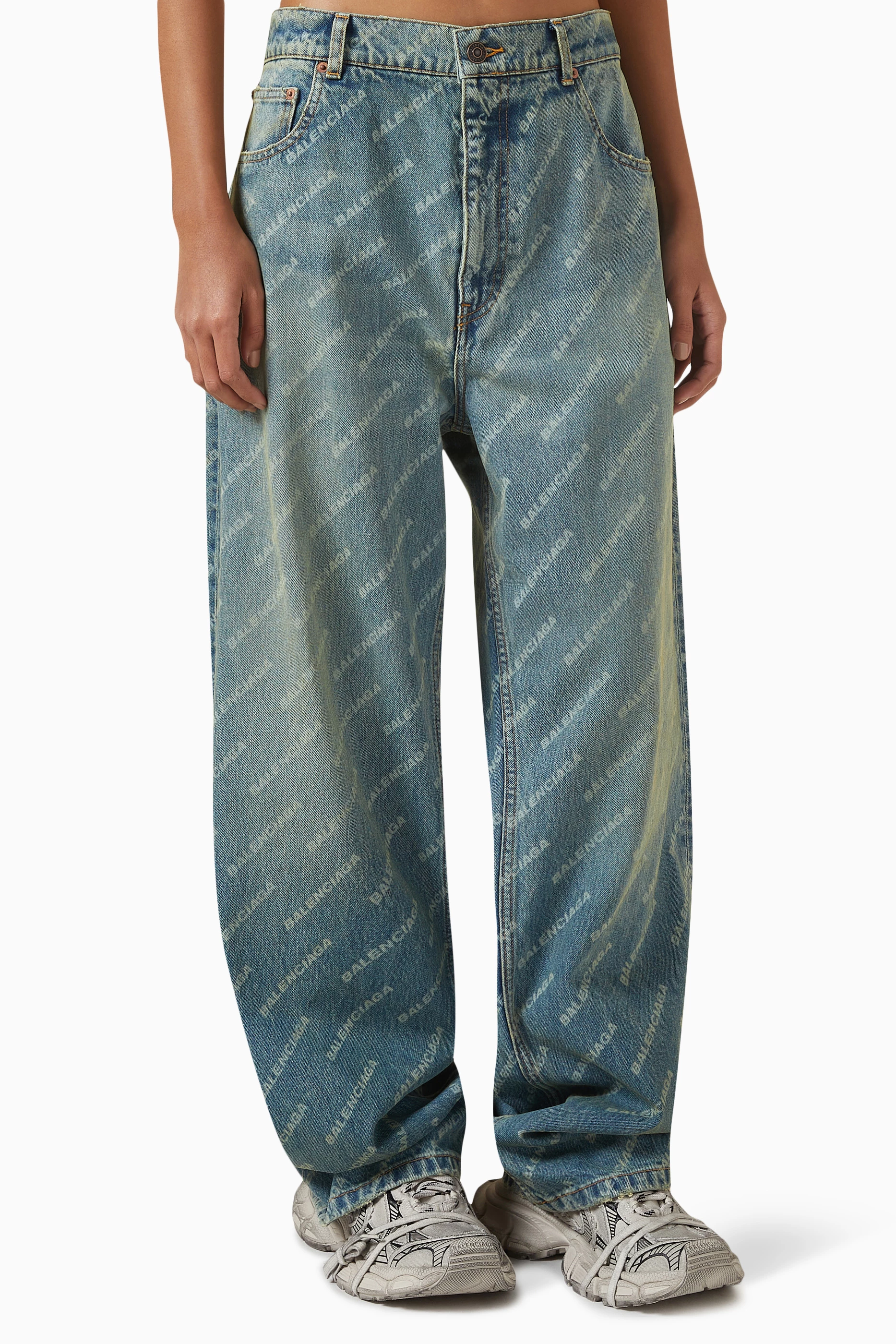 Buy Balenciaga Blue Loose Fit Jeans in Logo Denim For Women Online