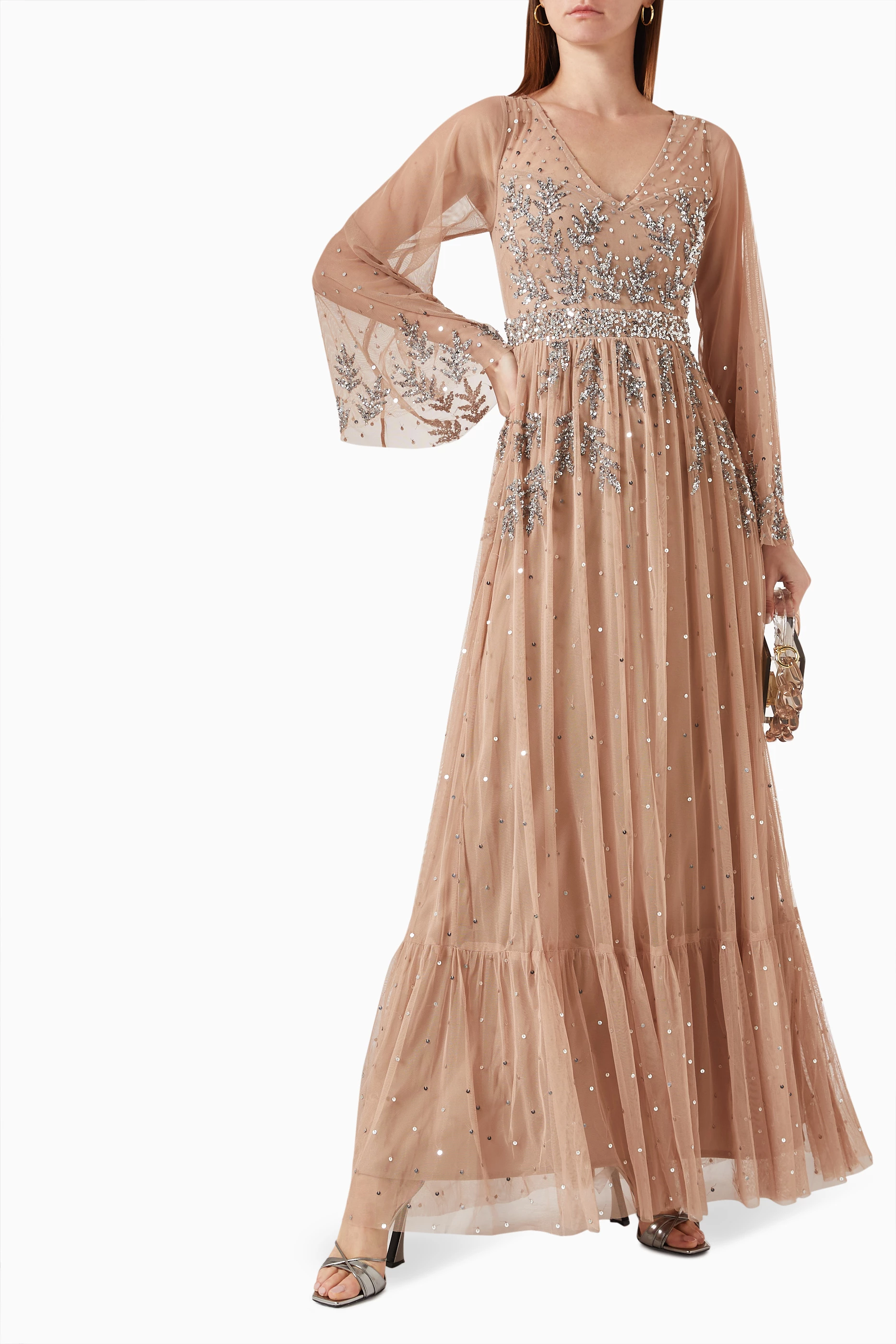 maya bridesmaid dress Maya SAGE V NECK SEQUIN AND TULLE DRESS WITH TIE WAIST main image 1