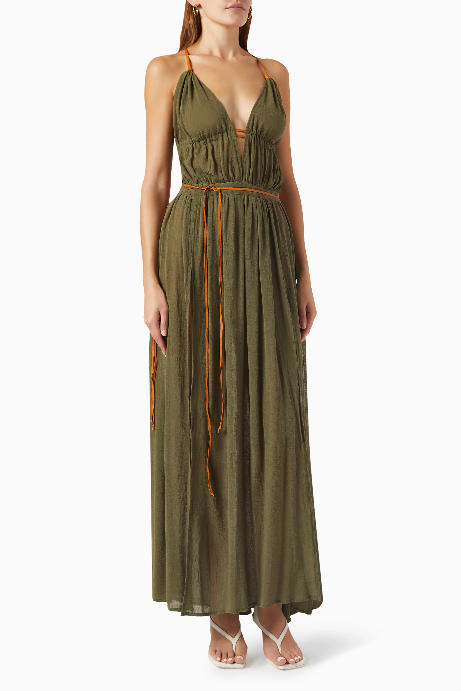 Buy Caravana Green Pomolche Leather trimmed Maxi Dress in Cotton gauze For Women Online Ounass Oman