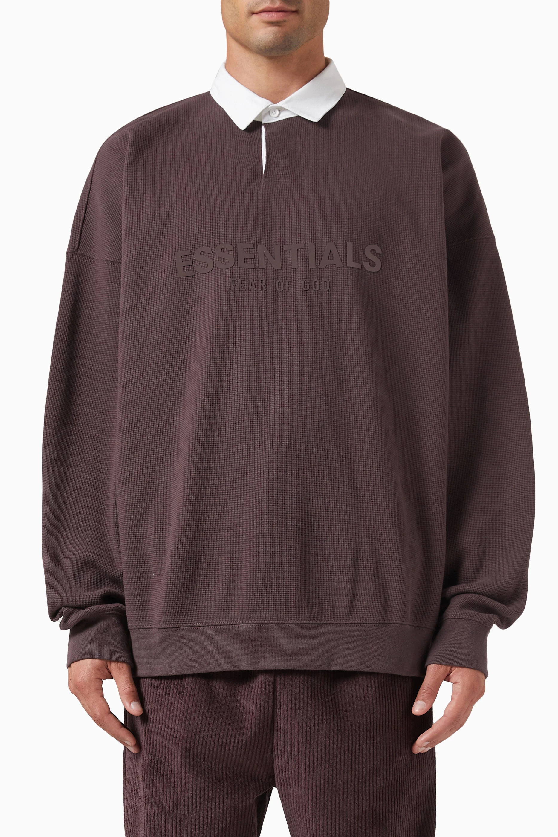 Buy Fear of God Essentials Purple Logo Henley Rugby T-shirt in 