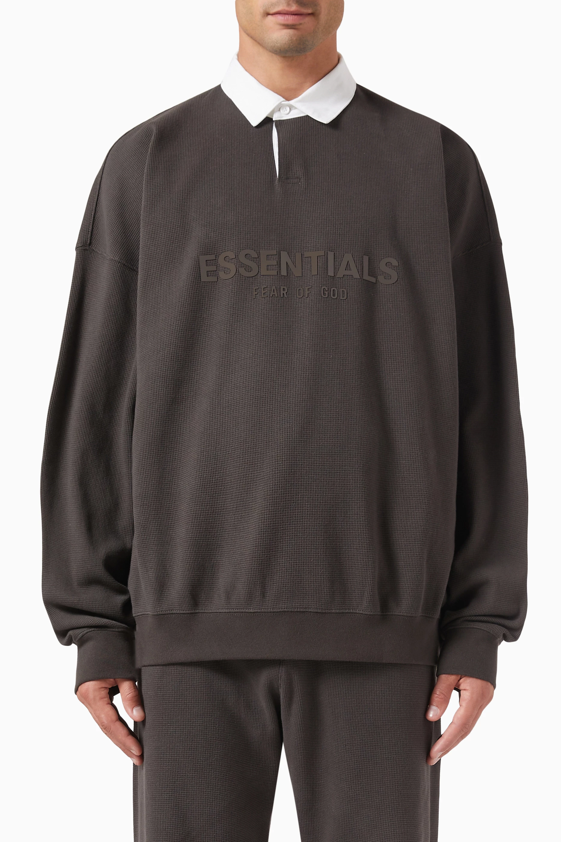 Buy Fear of God Essentials Black Logo Henley Rugby T-shirt in 