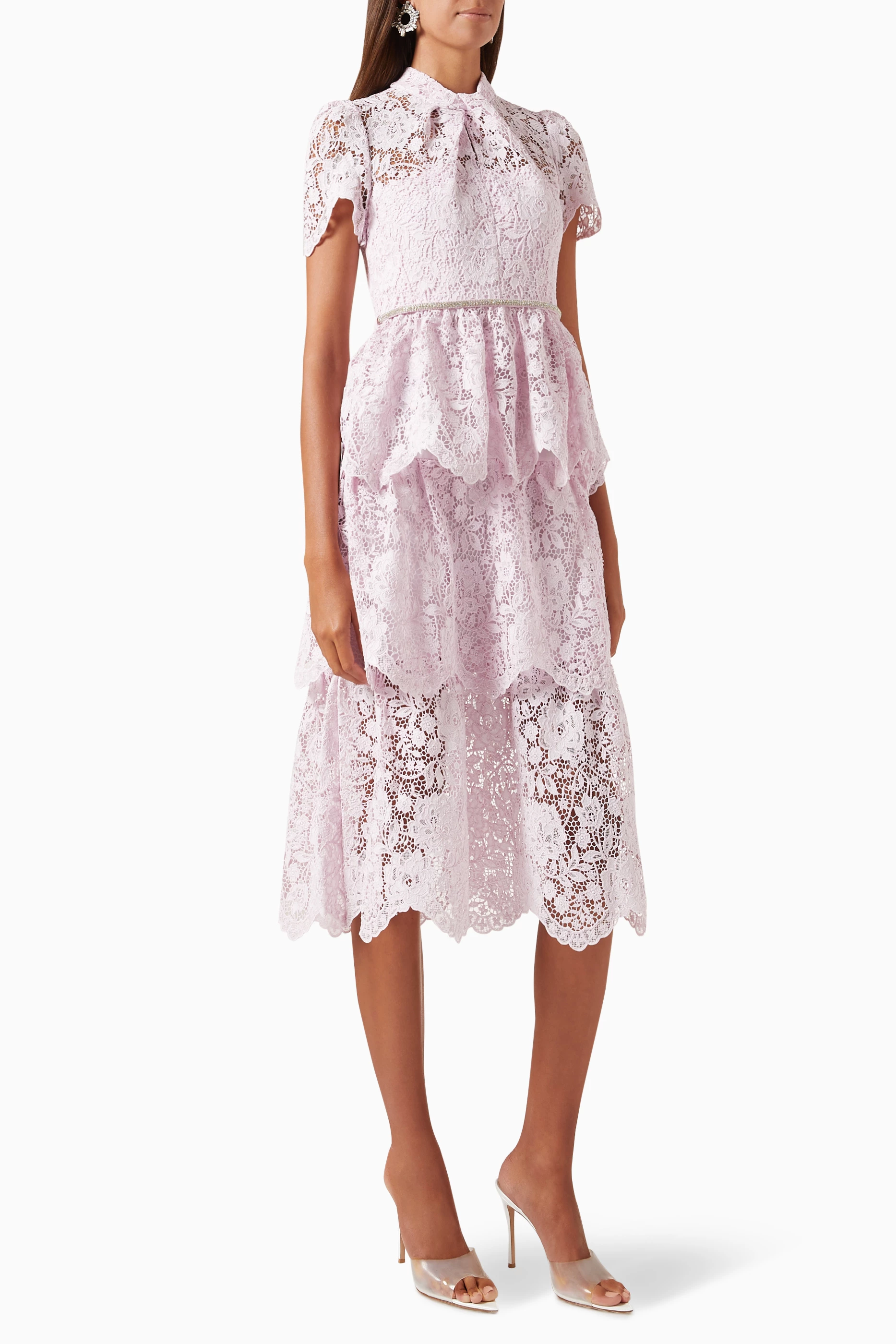 Buy Self-Portrait Pink Cord Lace Tiered Midi Dress For Women