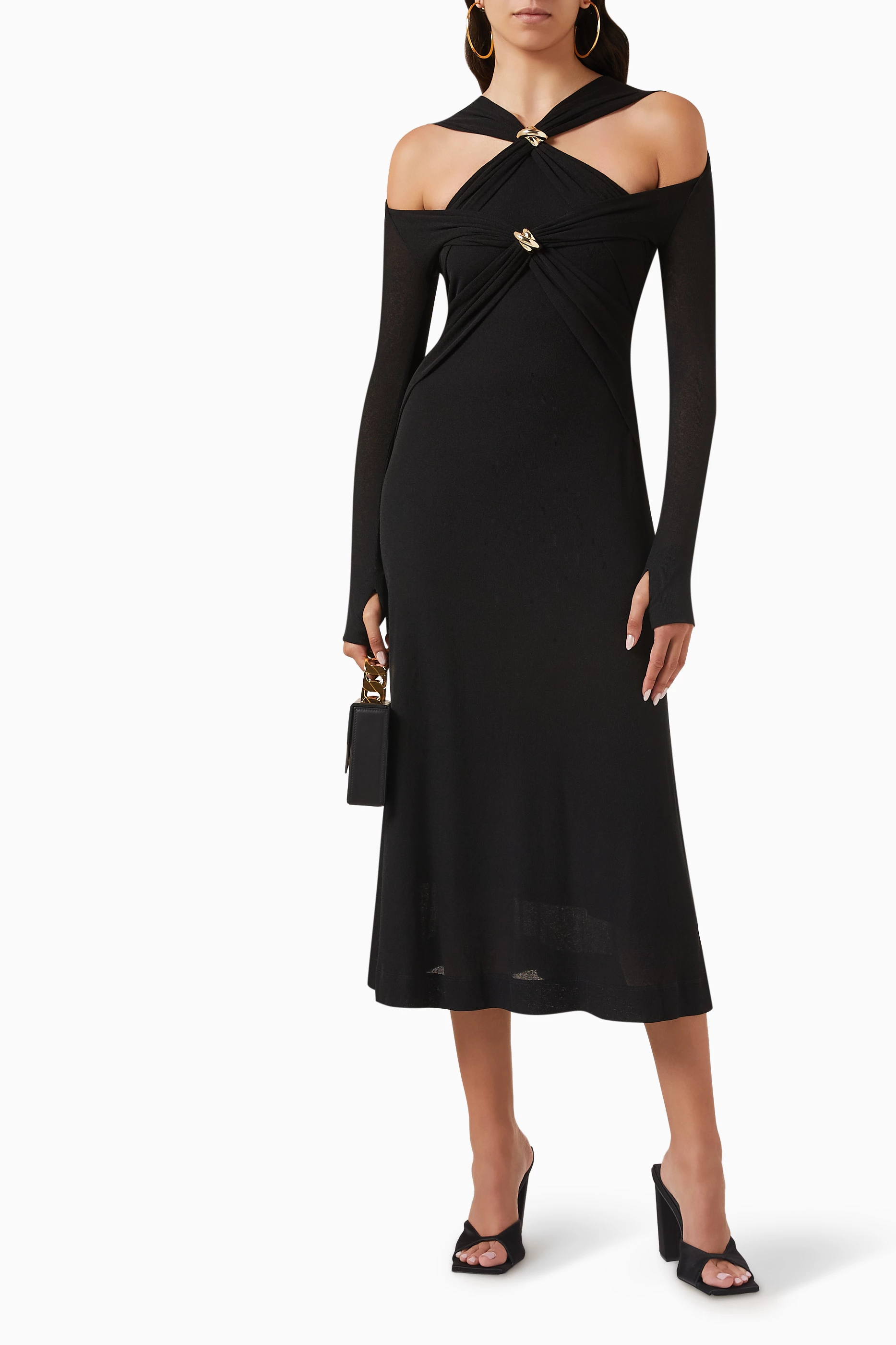 chats by c dam black dress Buy CHATS by C.DAM Black Off-shoulder Cut-out Midi Dress in Jersey-knit For  Women Online