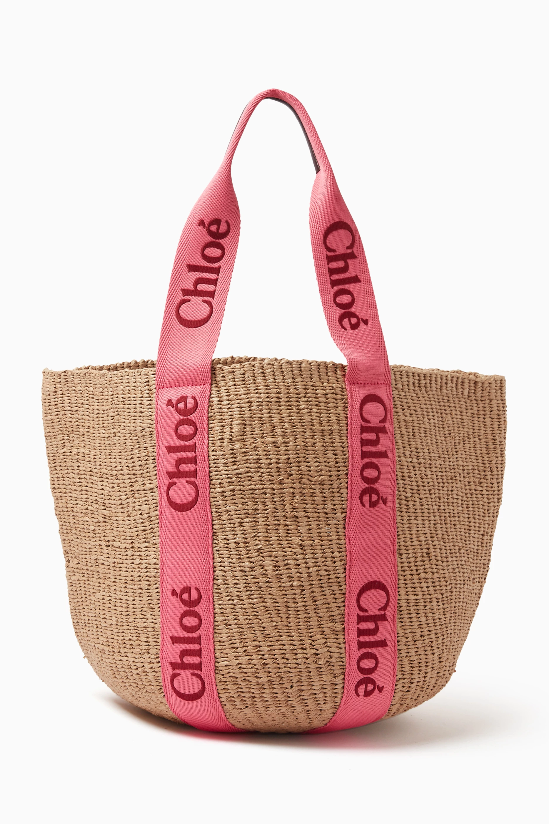 Buy Chloe Pink Large Woody Tote Bag in Paper Raffia For Women Online Ounass Oman