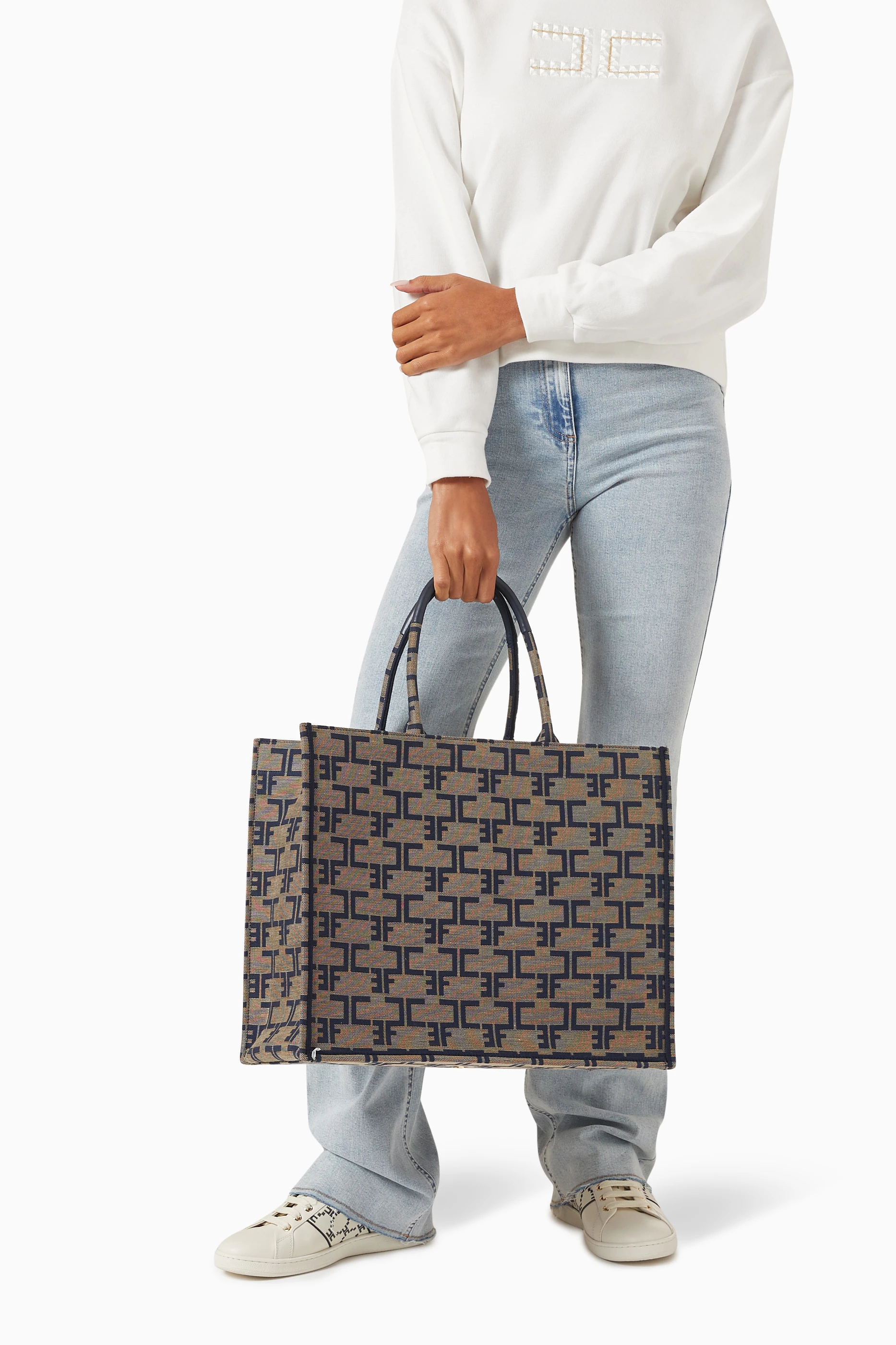 Buy Elisabetta Franchi Blue Large Monogram Tote Bag in Jacquard For Women Online Ounass Oman