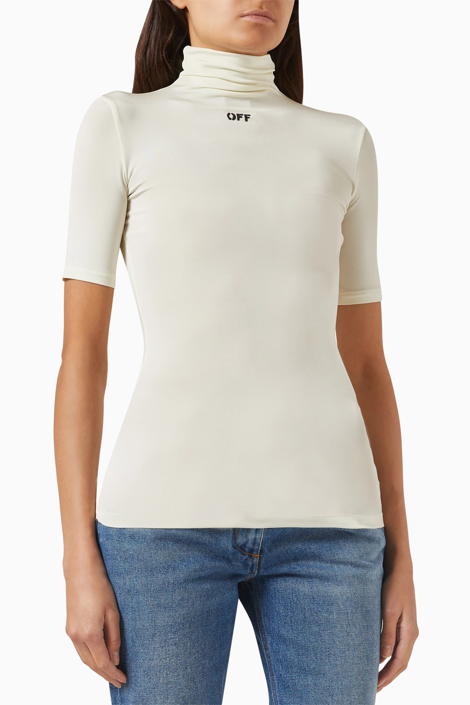 スーパーセール期間限定 Off White High Neck Top Women Ribbed High Neck Crop Top レディースウェア