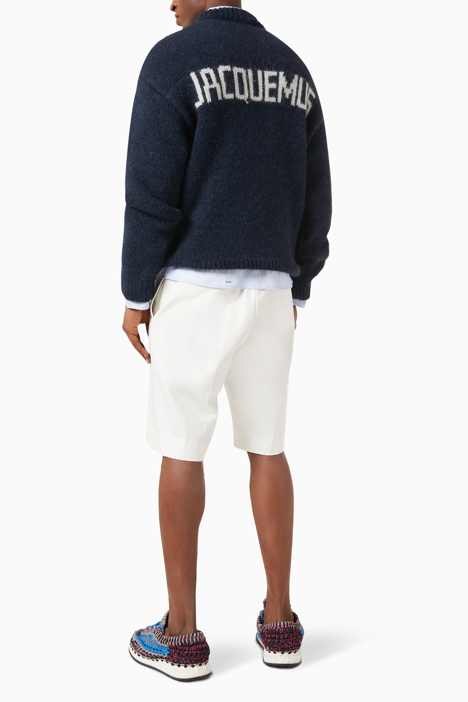 Buy Jacquemus Blue Jacquard Logo Sweater in Wool Blend For Men 