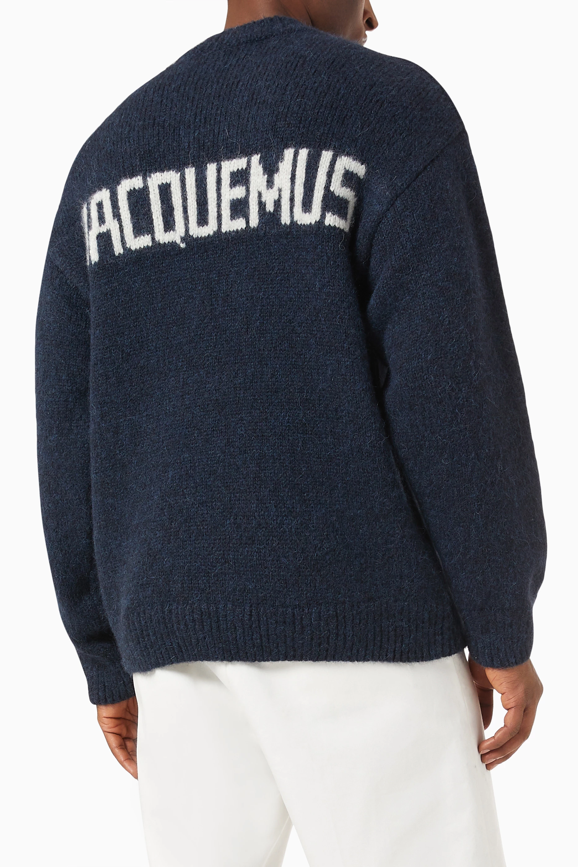 Buy Jacquemus Blue Jacquard Logo Sweater in Wool Blend For Men