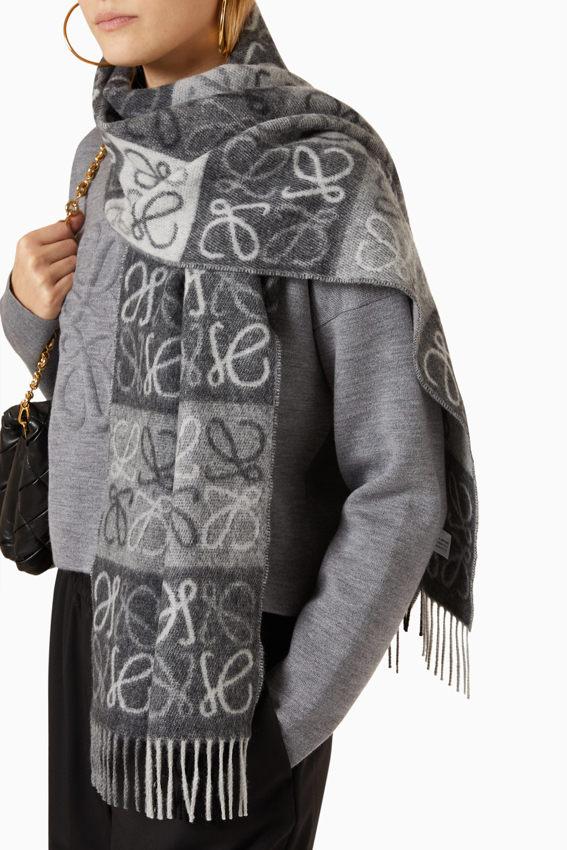 Buy LOEWE Black Checkerboard Scarf in Wool & Cashmere For