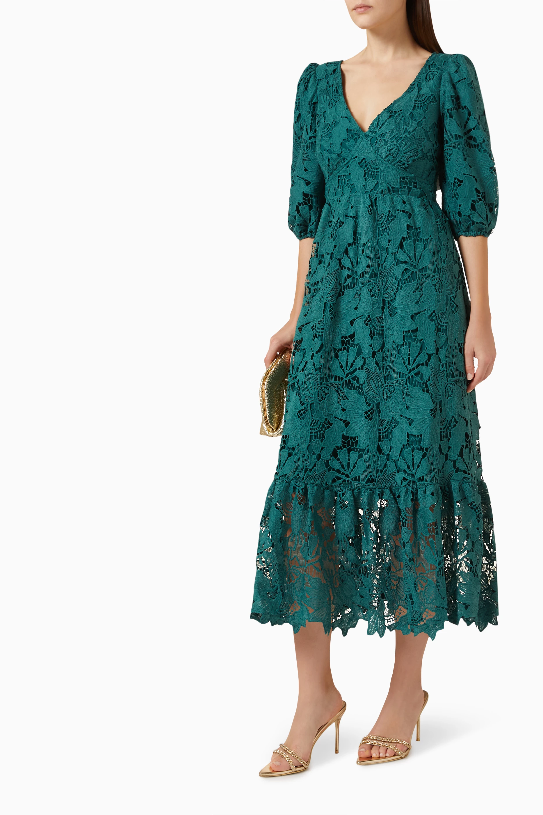 Buy Maya Green V-neck Midi Dress in Lace For Women Online | Ounass Oman