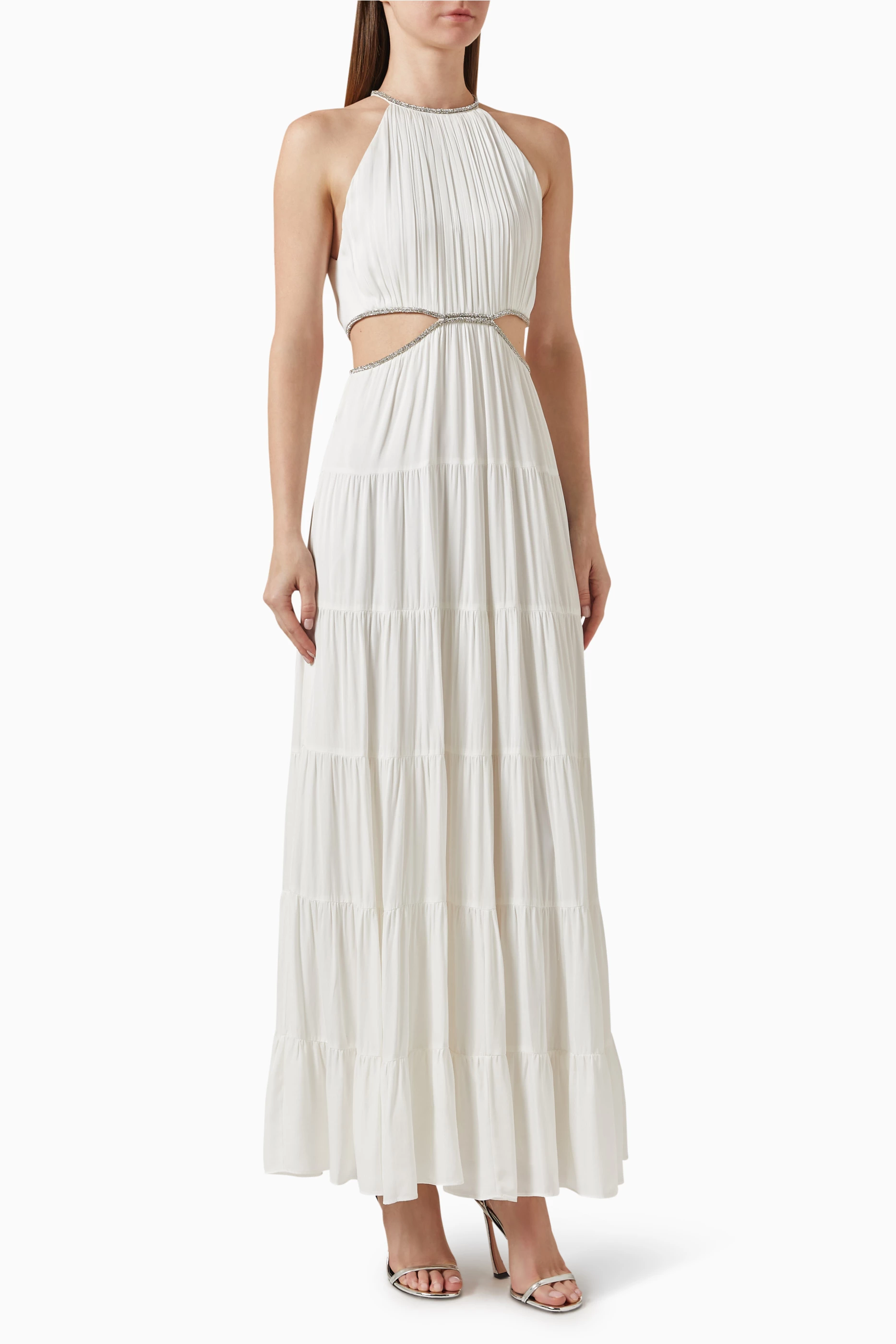 myrtice embellished cut out maxi dress Alice + Olivia Myrtice Crystal Embellished Cutout Pleated White Maxi Dress  Sz 10