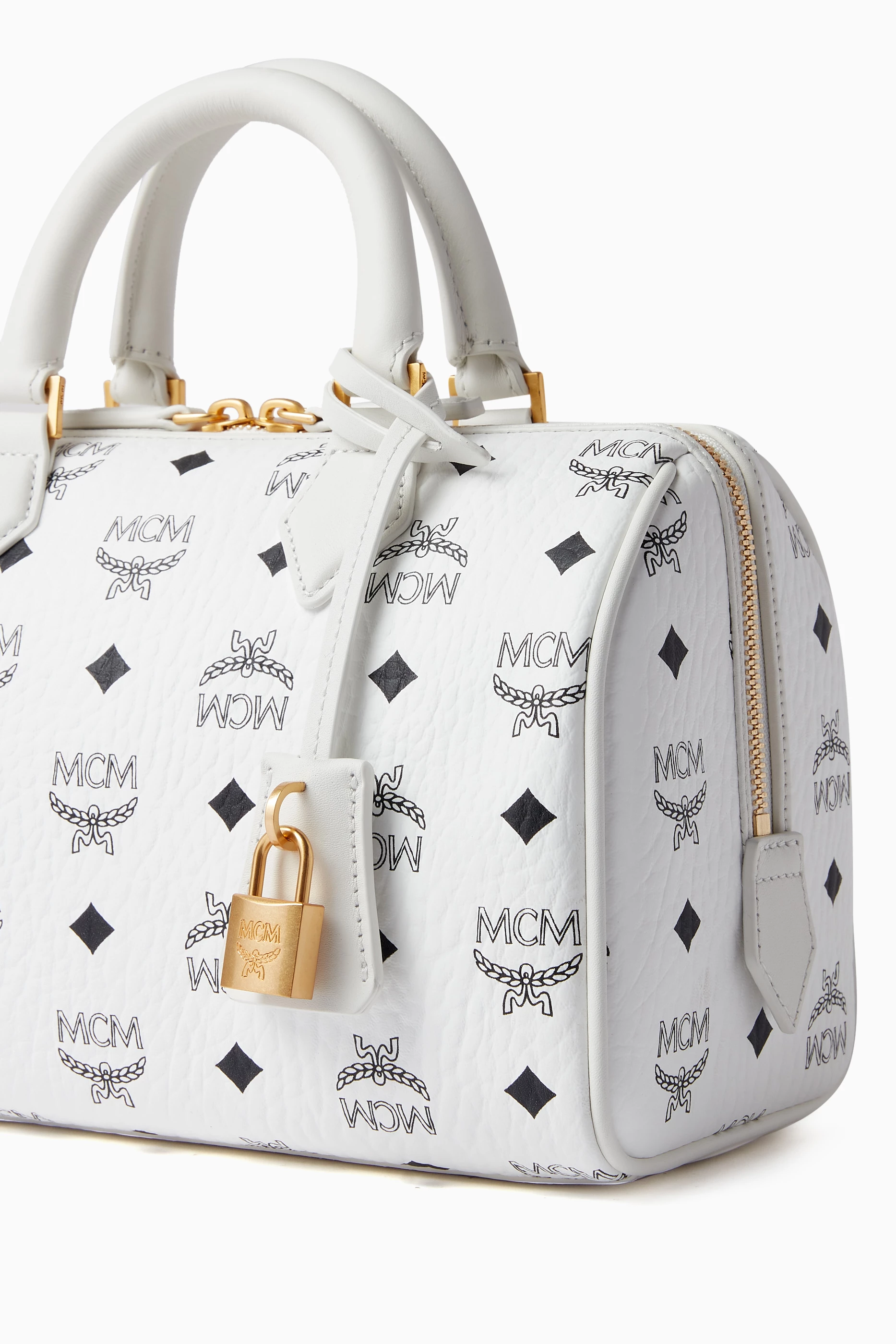 Buy MCM White Small Boston Bag in Visetos Canvas For Women Online 
