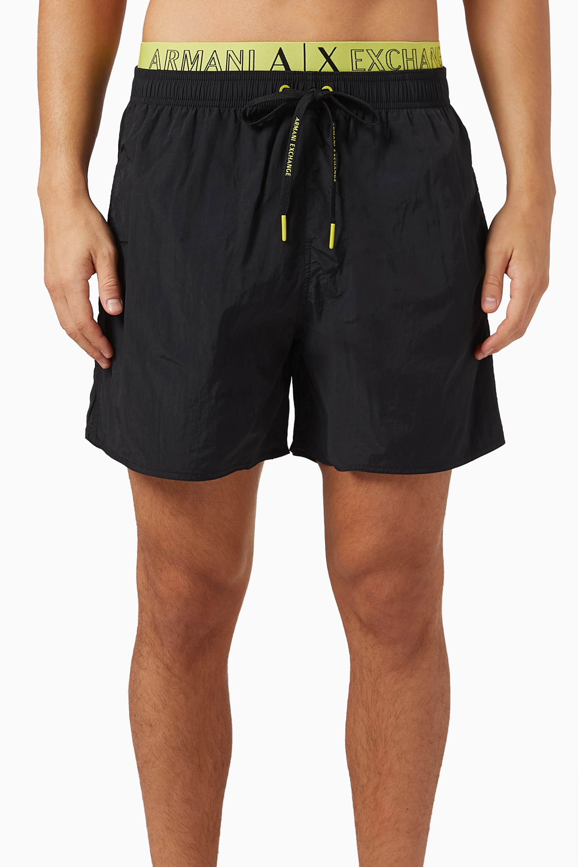 Buy Armani Exchange Black Logo Waistband Swim Shorts in Nylon For