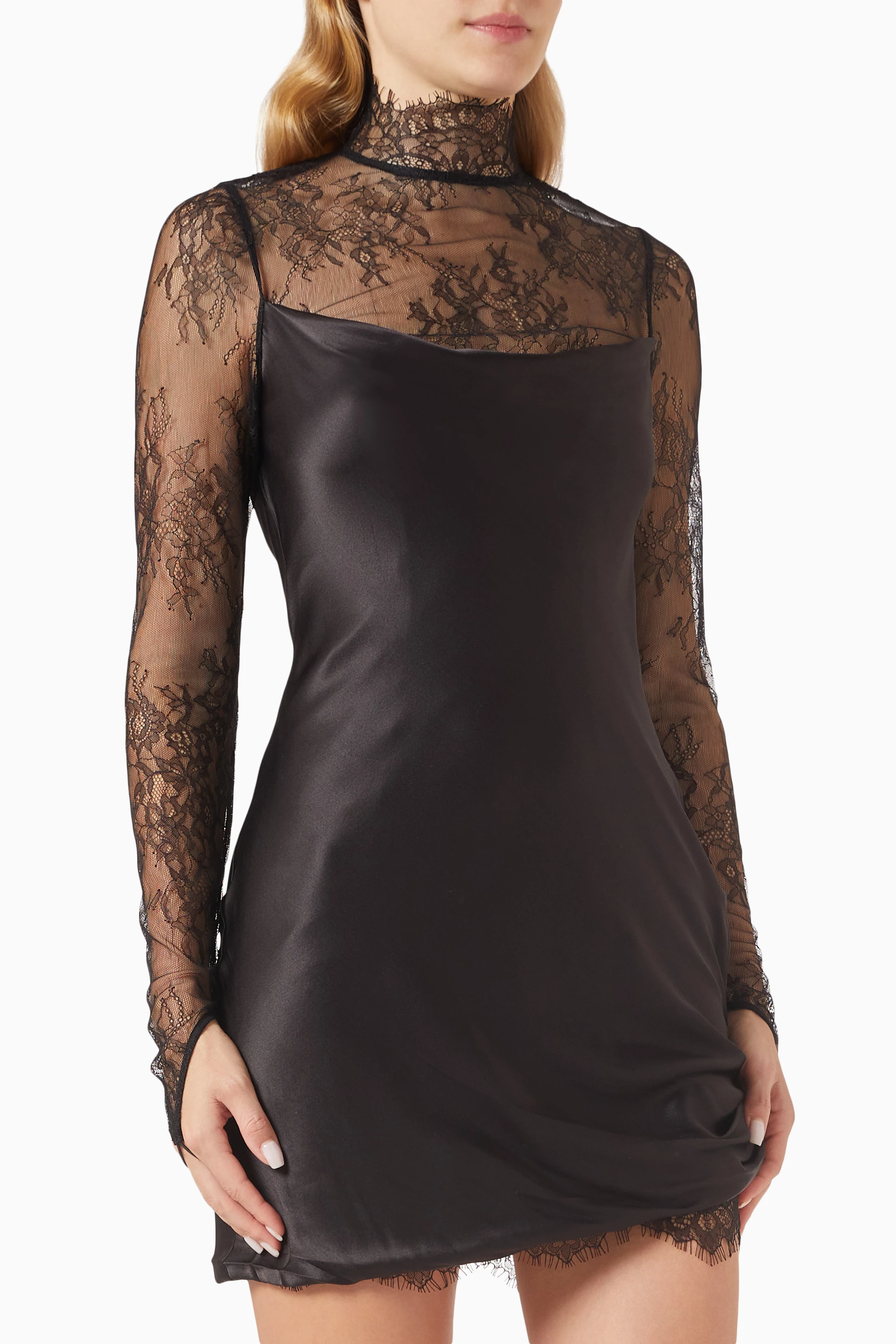 de la vali croissant long sleeve lace mini dress De La Vali Croissant Silk-Satin And Lace Mini Dress in White