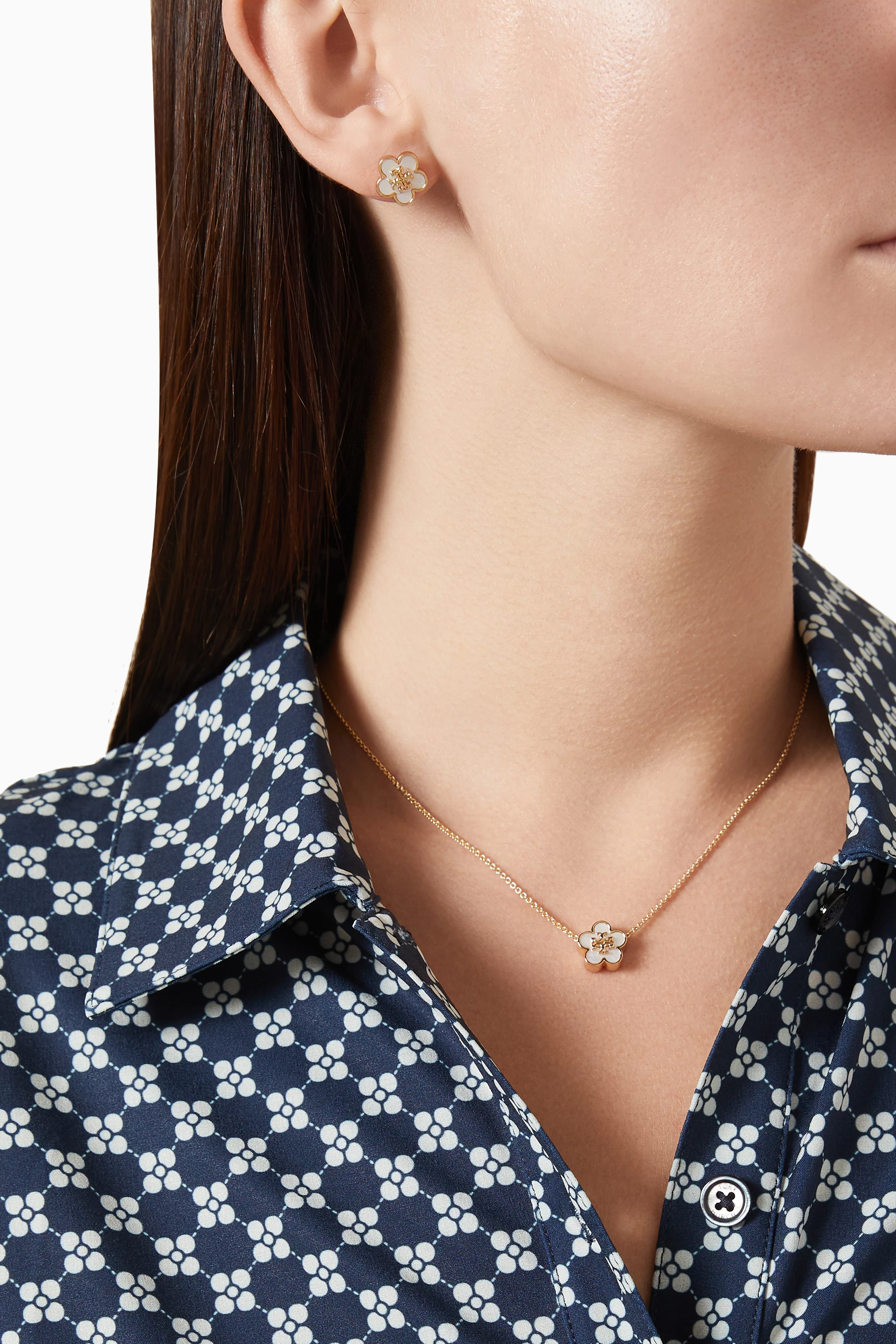 Buy Tory Burch White Kira Flower Necklace in 18kt Gold-plated 