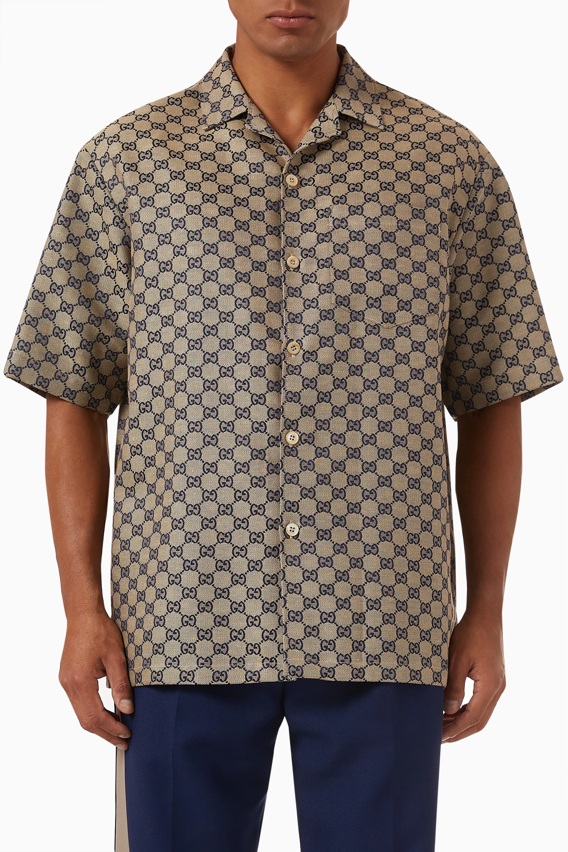 Buy Gucci Neutral GG Logo Shirt in Linen-blend Canvas For Men 