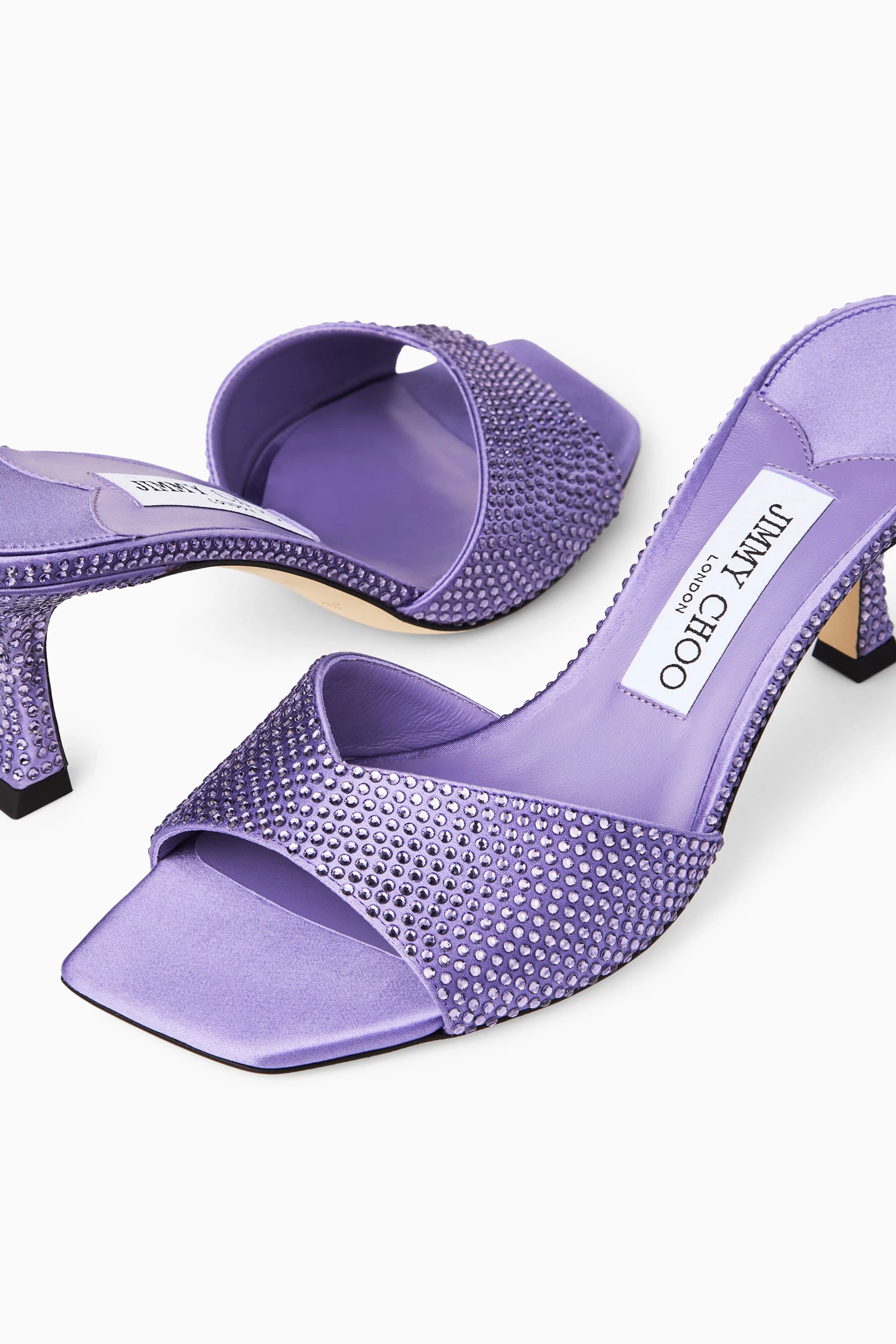 Buy Jimmy Choo Purple Skye 70 Crystal-embellished Mules in Satin