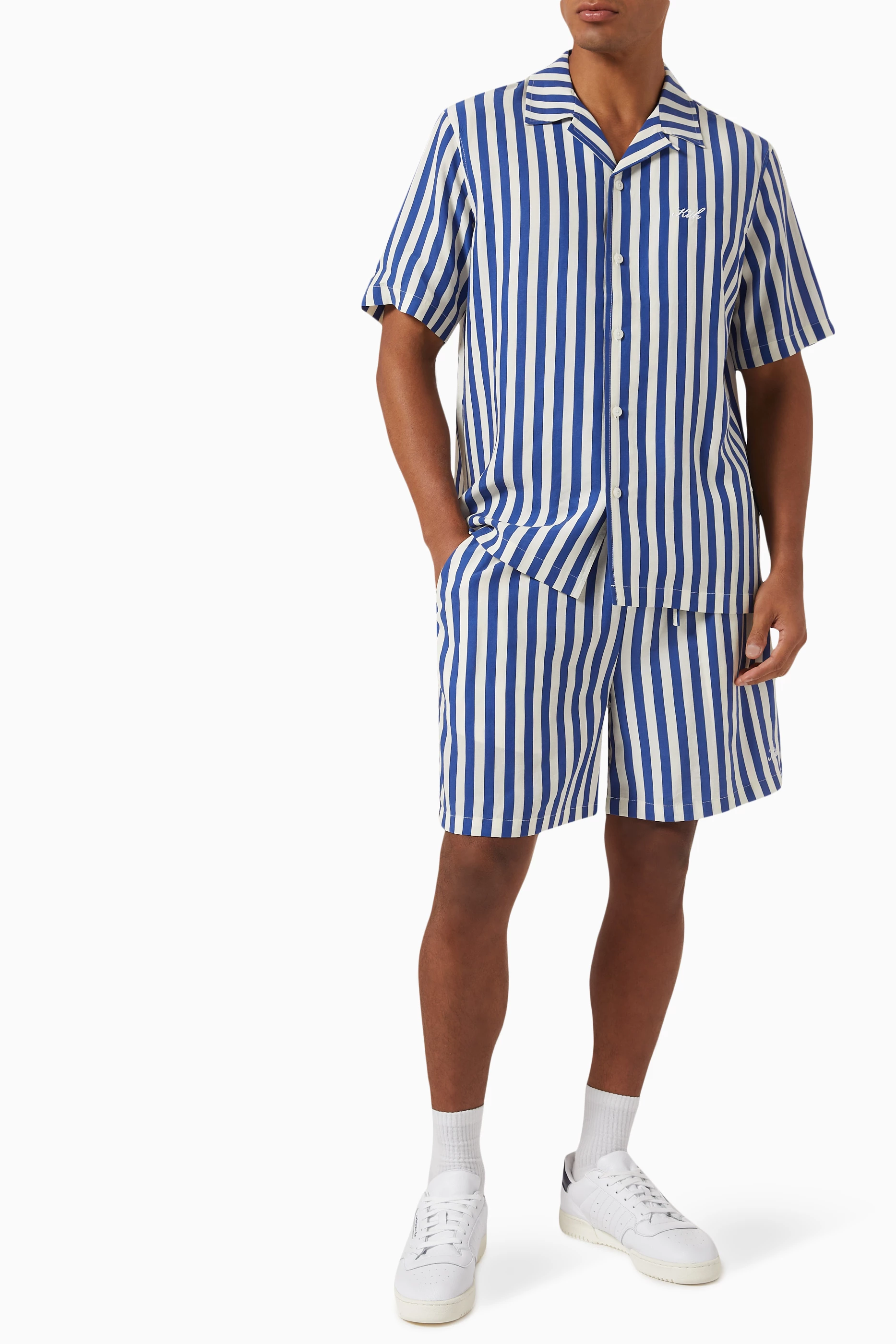 Buy Kith Blue Striped Cedar Shorts in Cupro & Linen For Men Online 