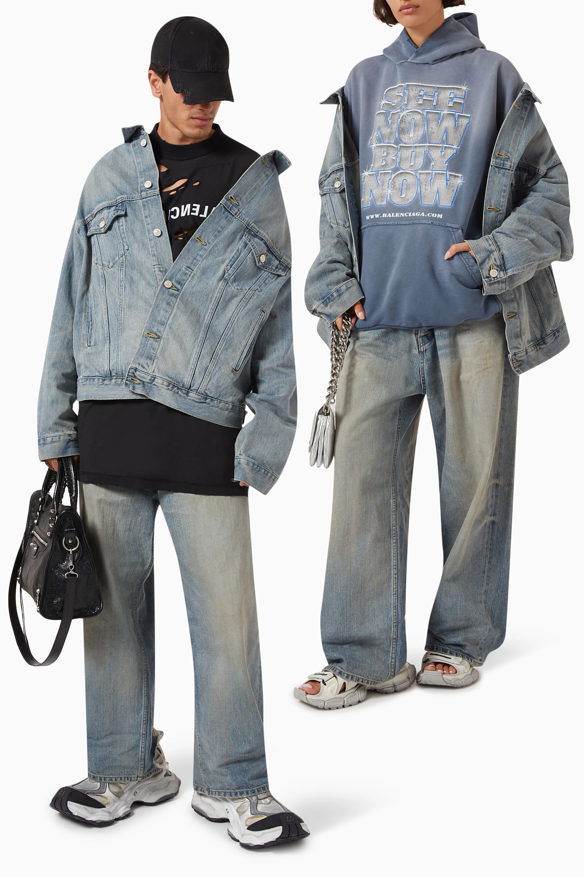 Buy Balenciaga Blue Off-shoulder Jacket in Organic Denim For