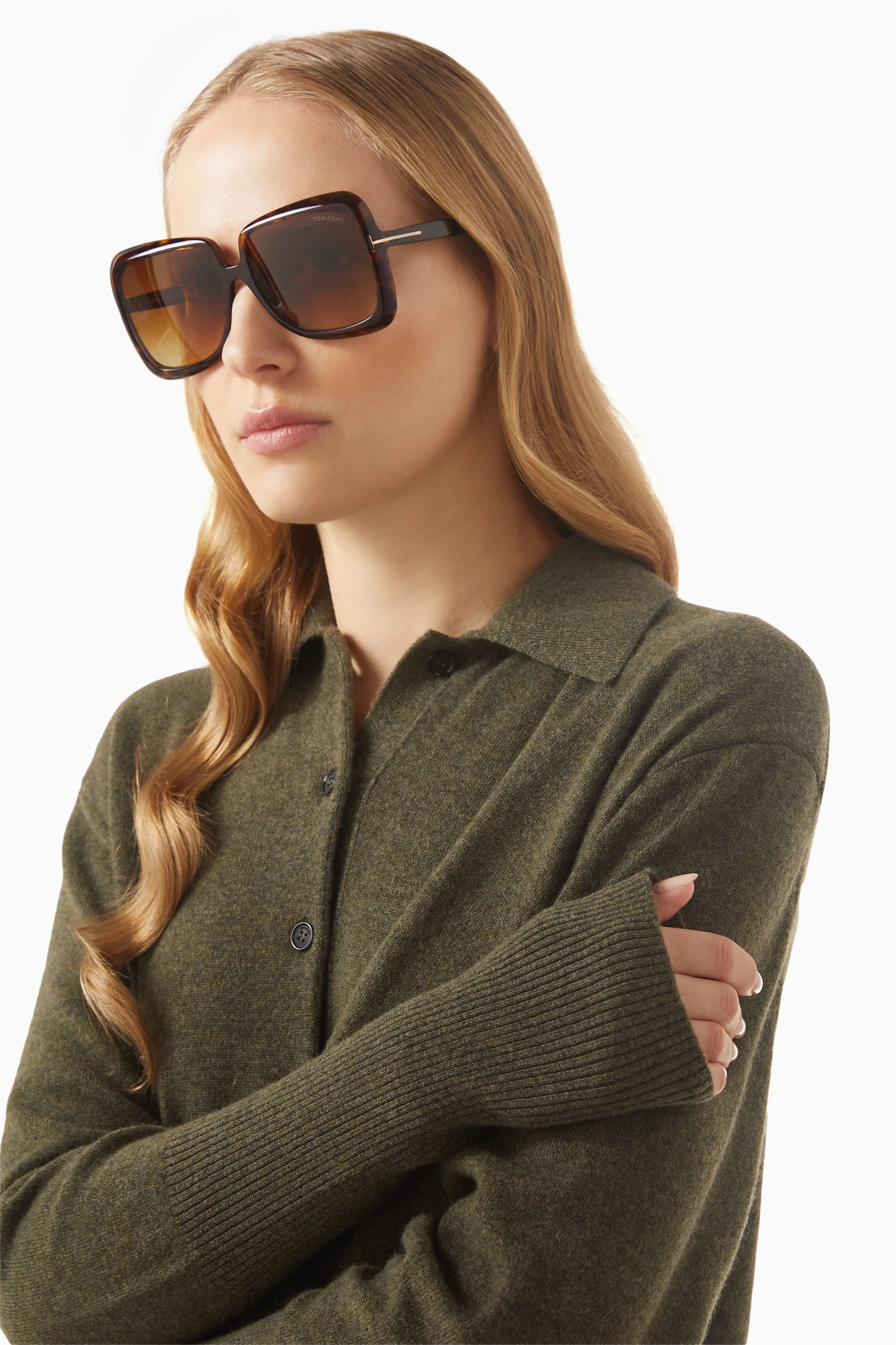Buy TOM FORD Brown Lorelai Oversized Sunglasses in Acetate  display picture 1