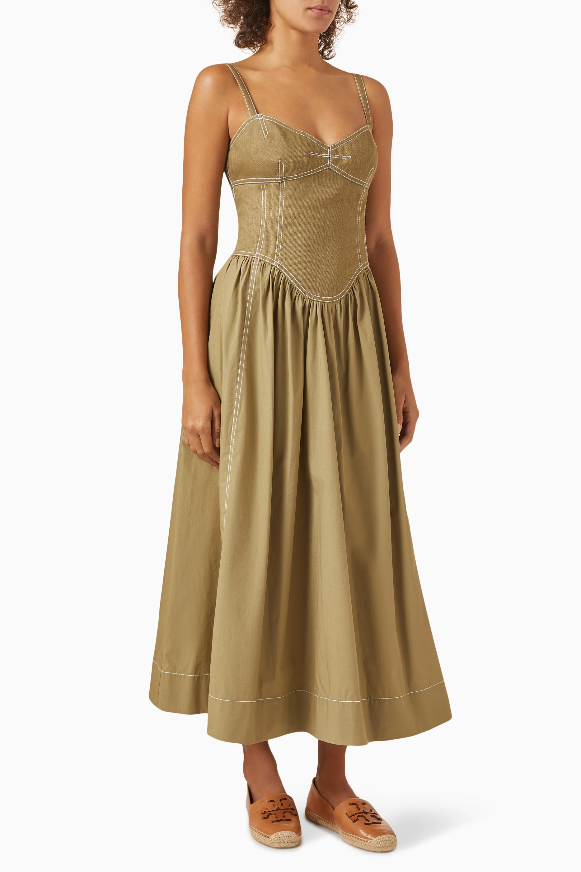 Buy Tory Burch Green Bustier Midi Dress in Cotton-twill For Women Online
