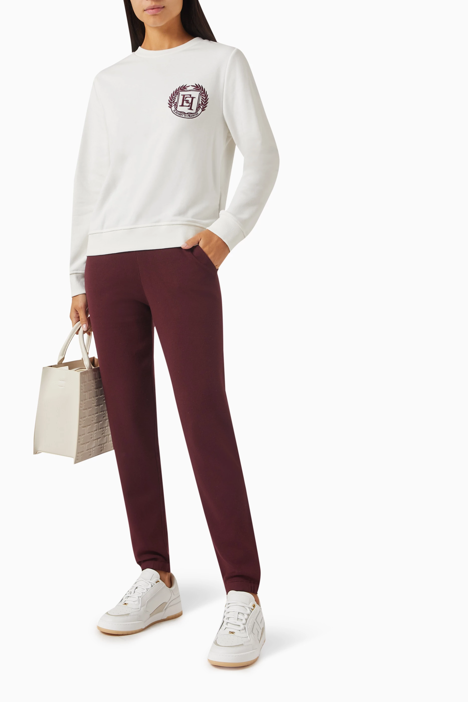 Buy Elisabetta Franchi Burgundy Logo Band Pants in Knit For