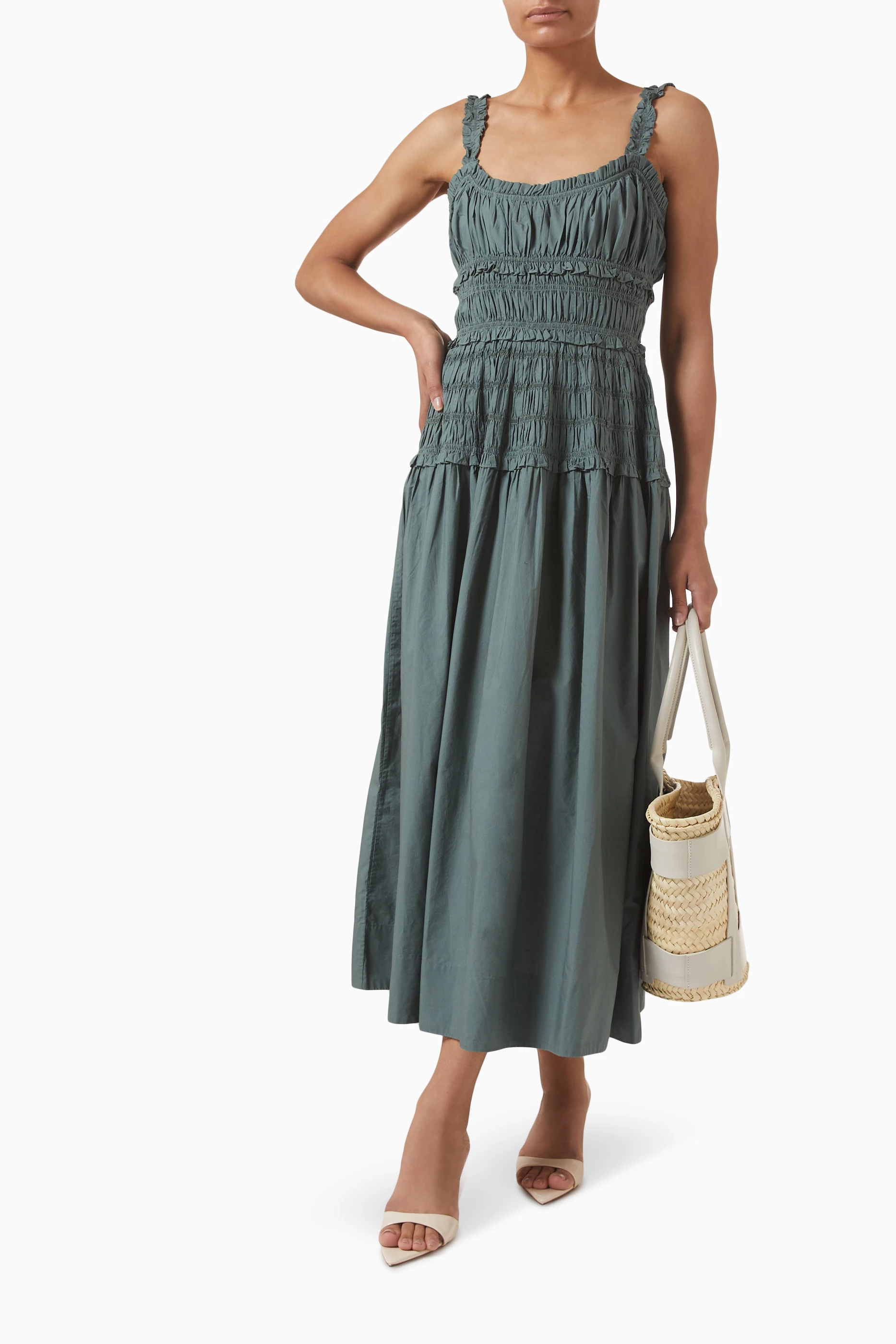 doen marianne dress green Marianne ruffled cotton poplin midi dress in green - Doen