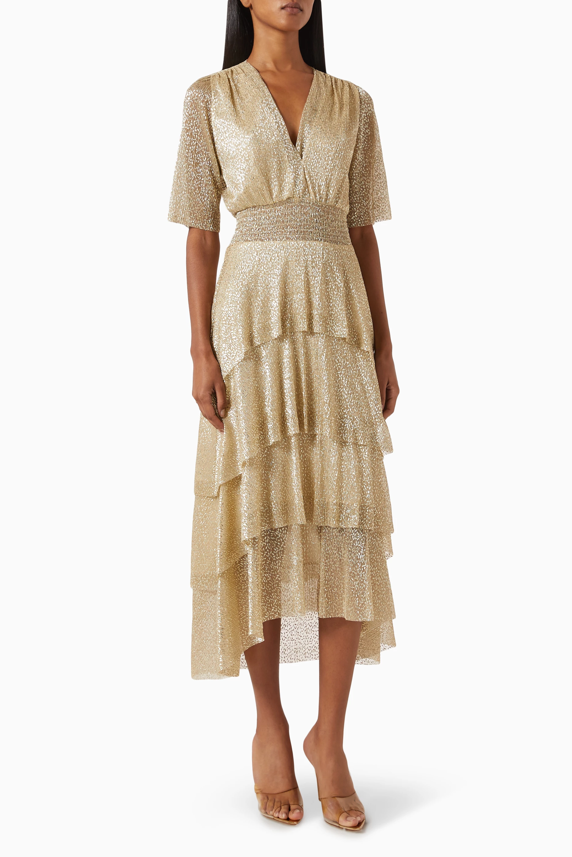 Buy Maje Gold Ruffled Midi Dress in Lamé For Women Online Ounass
