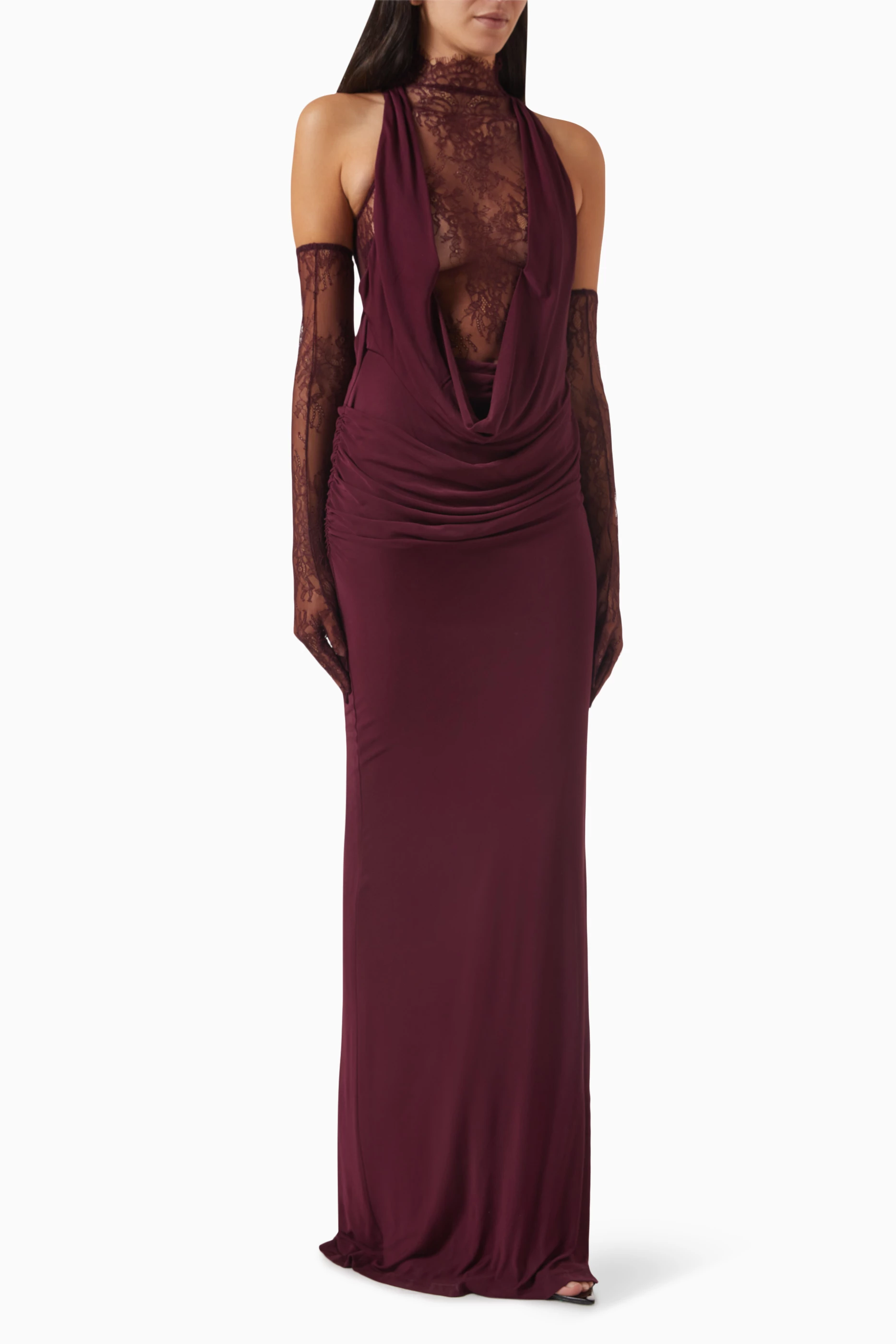 de la vali burgundy dress AUSTERE MAXI DRESS IN MAROON LACE  DE LA VALI OFFICIAL