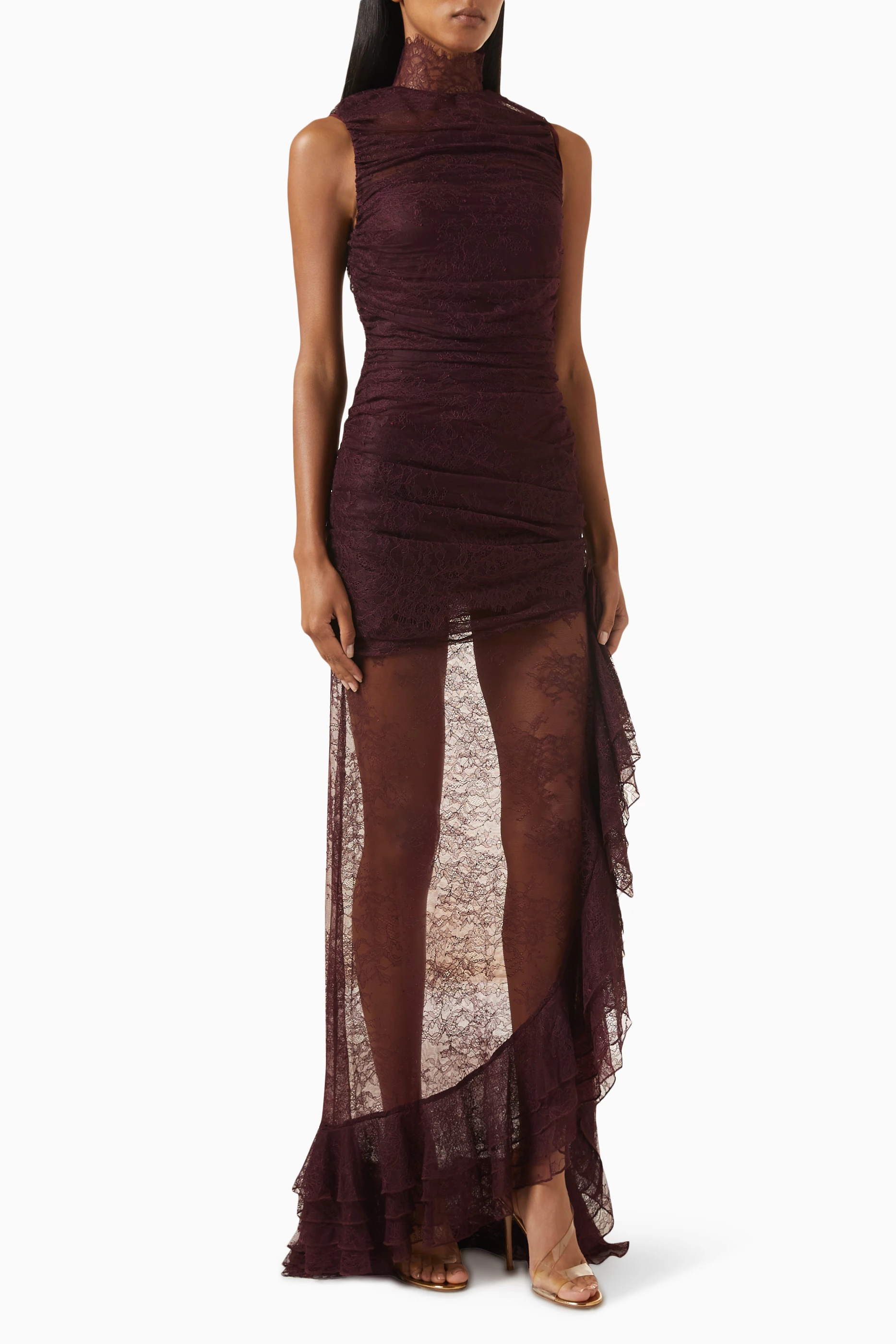 Buy De La Vali Burgundy Austere Sleeveless Maxi Dres in Lace For Women  Online | Ounass Oman