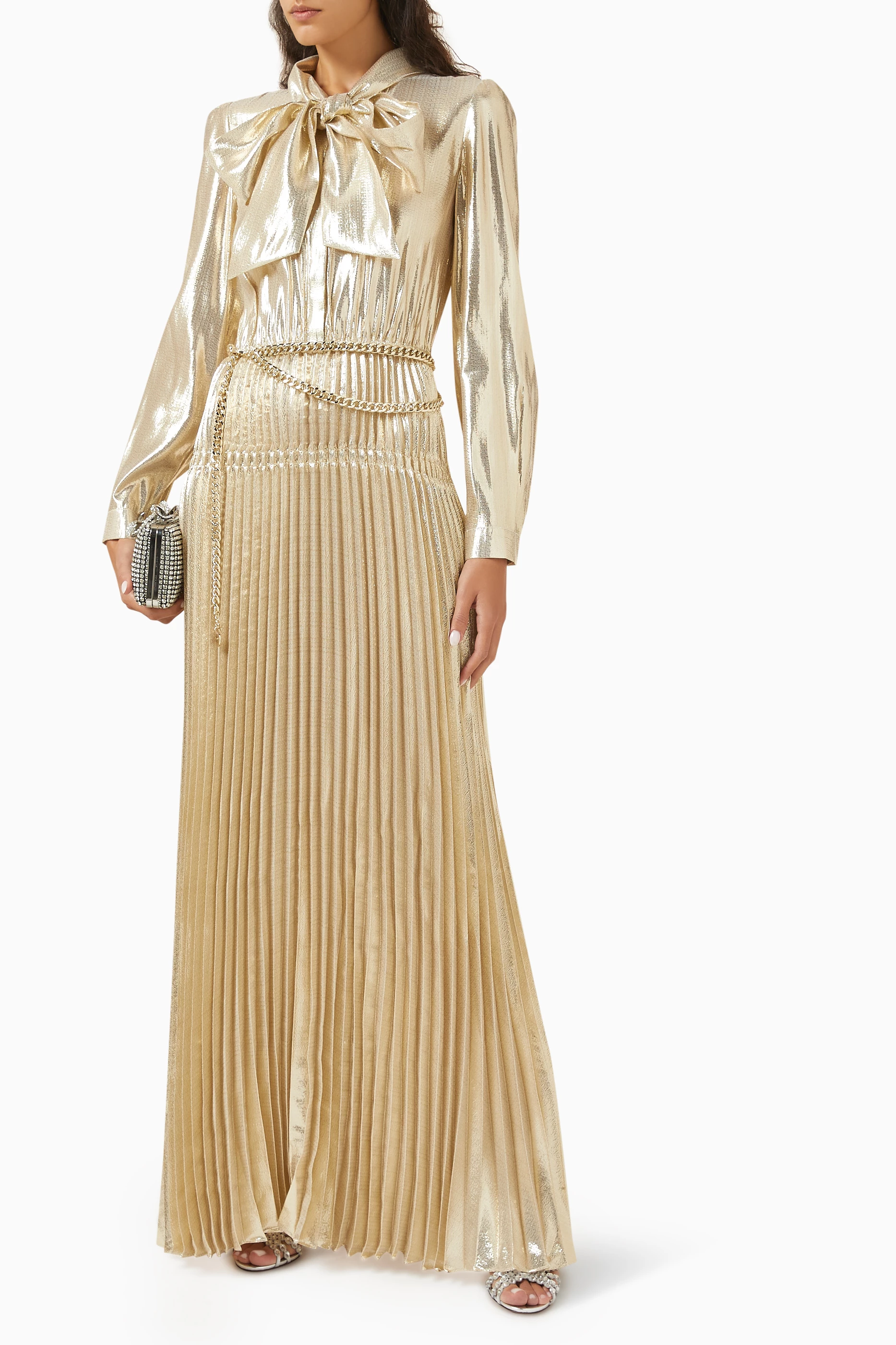 green emerald velvet dress Self-Portrait Yellow Metallic Chiffon Maxi Dress in Yellow,Metallic Silver