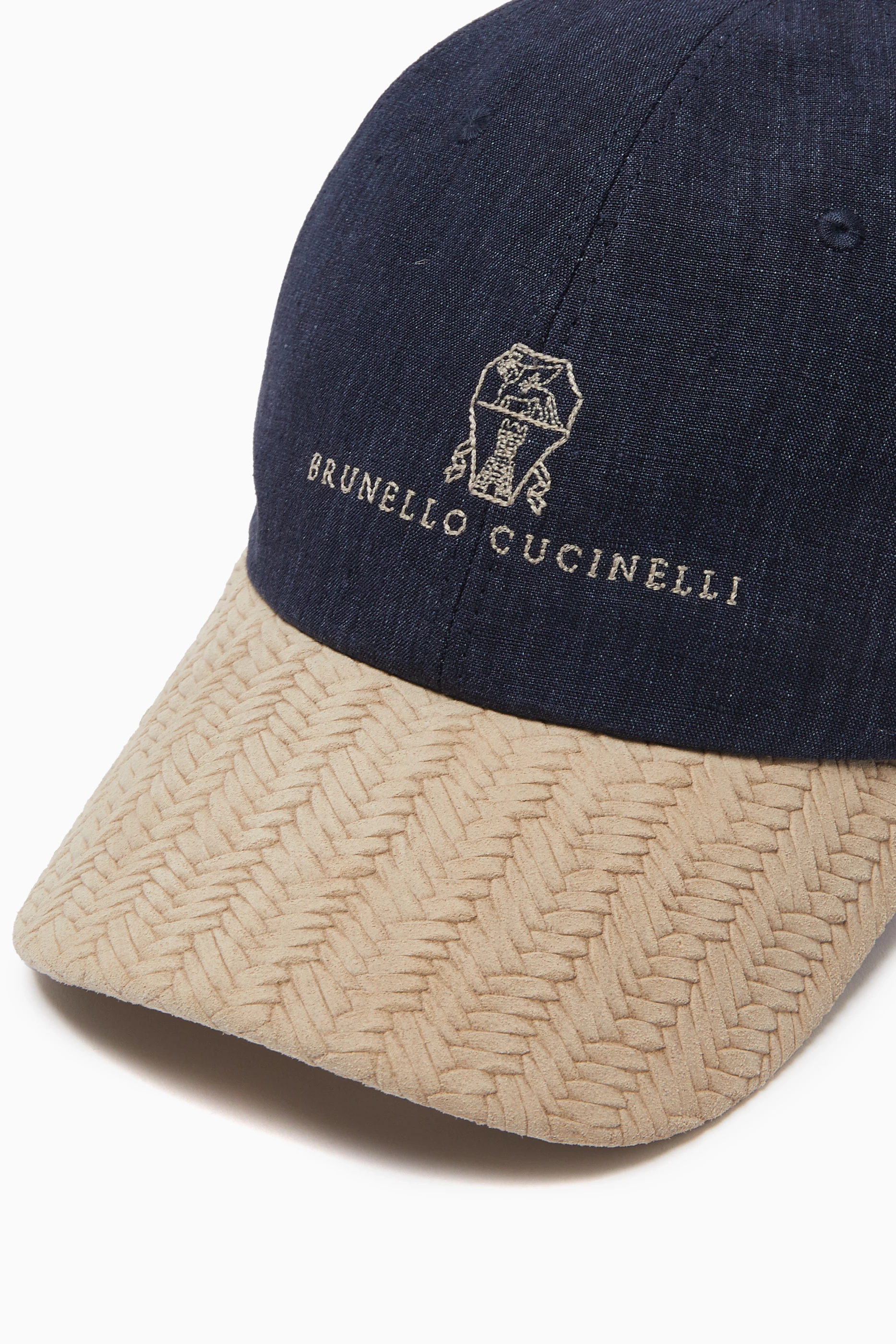 BRUNELLO CUCINELLI 刺繍キャップ ネイビー/ベージュ Buy Brunello Cucinelli Blue Logo-embroidered Baseball Cap in Linen