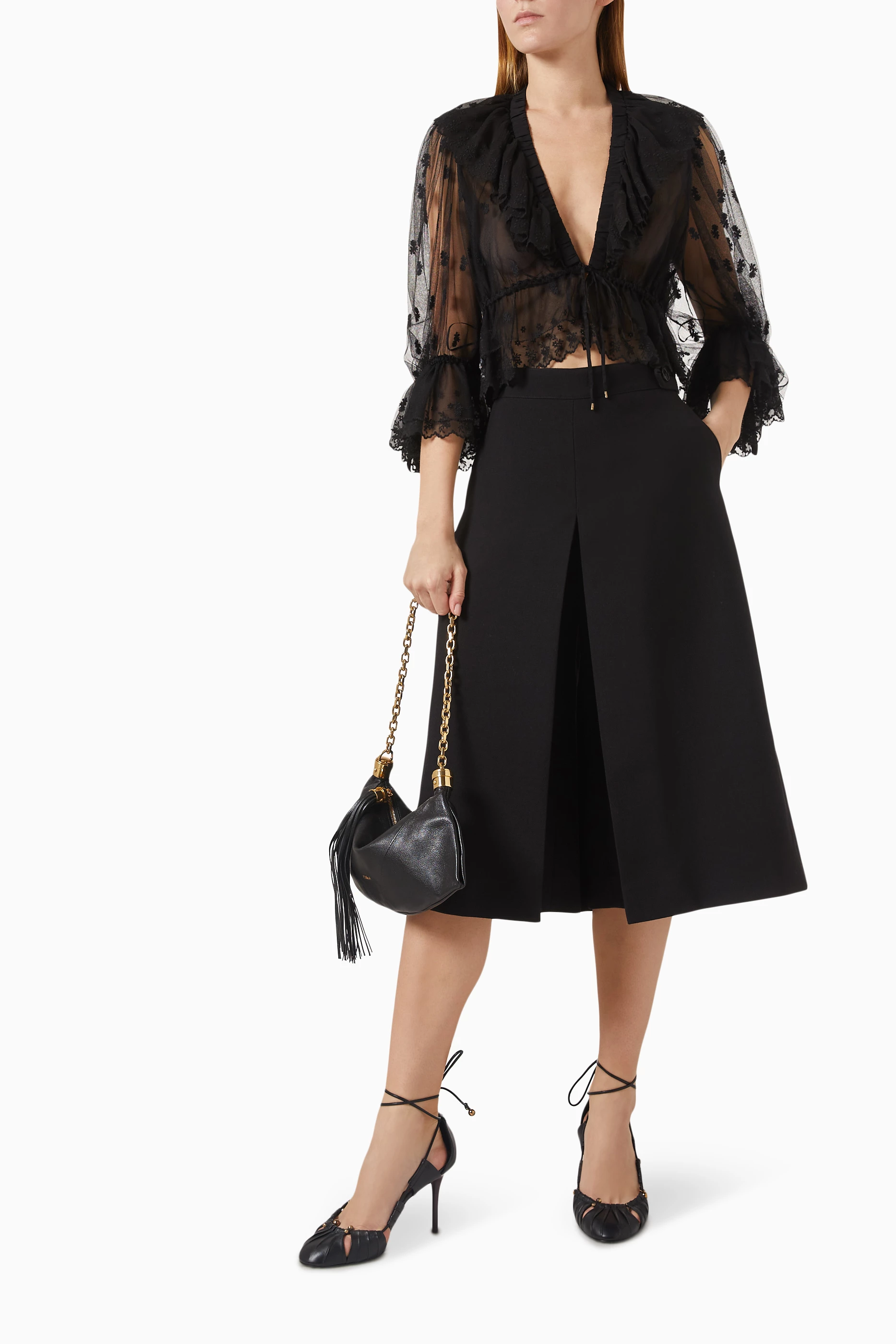 Buy Chloé Black V-neck Sheer Ruffle Top For Women Online