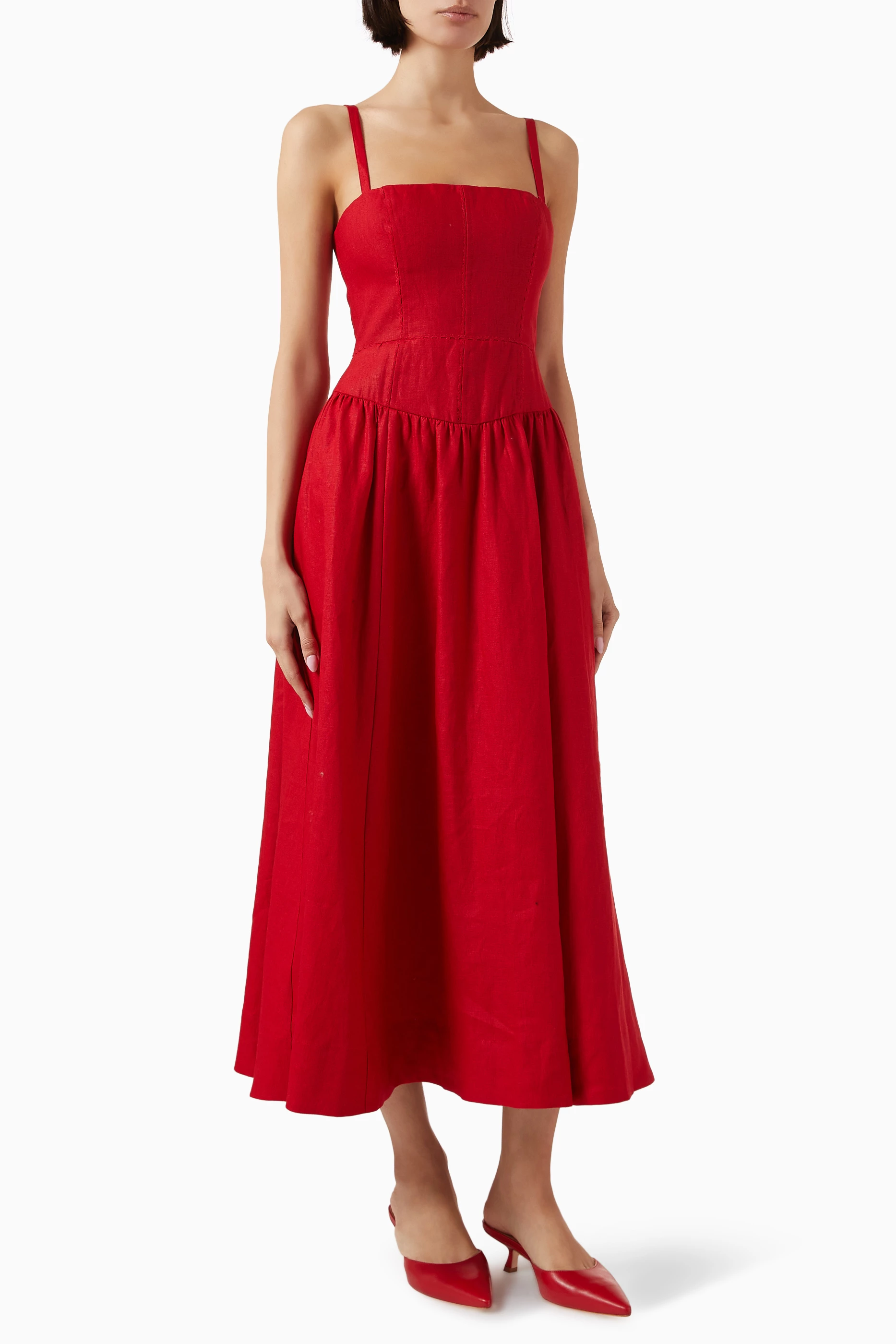 Buy Reformation Red Katarin Midi Dress in Linen For Women Online | Ounass  Oman