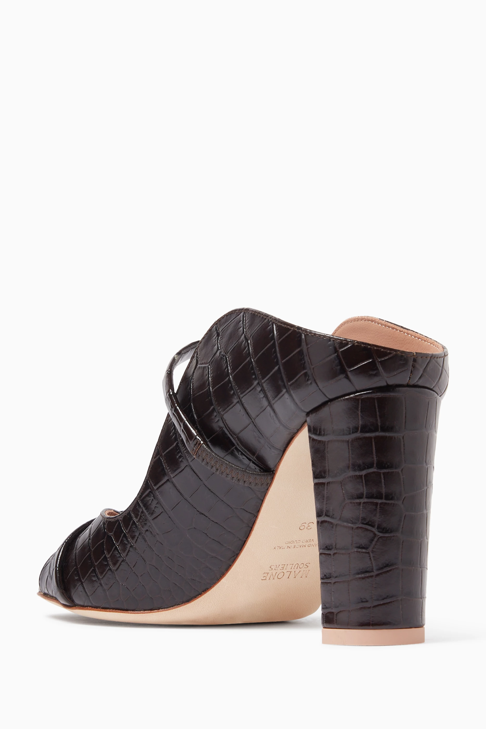 Buy Malone Souliers Brown Norah 85 Mule Sandals in Croc-embossed